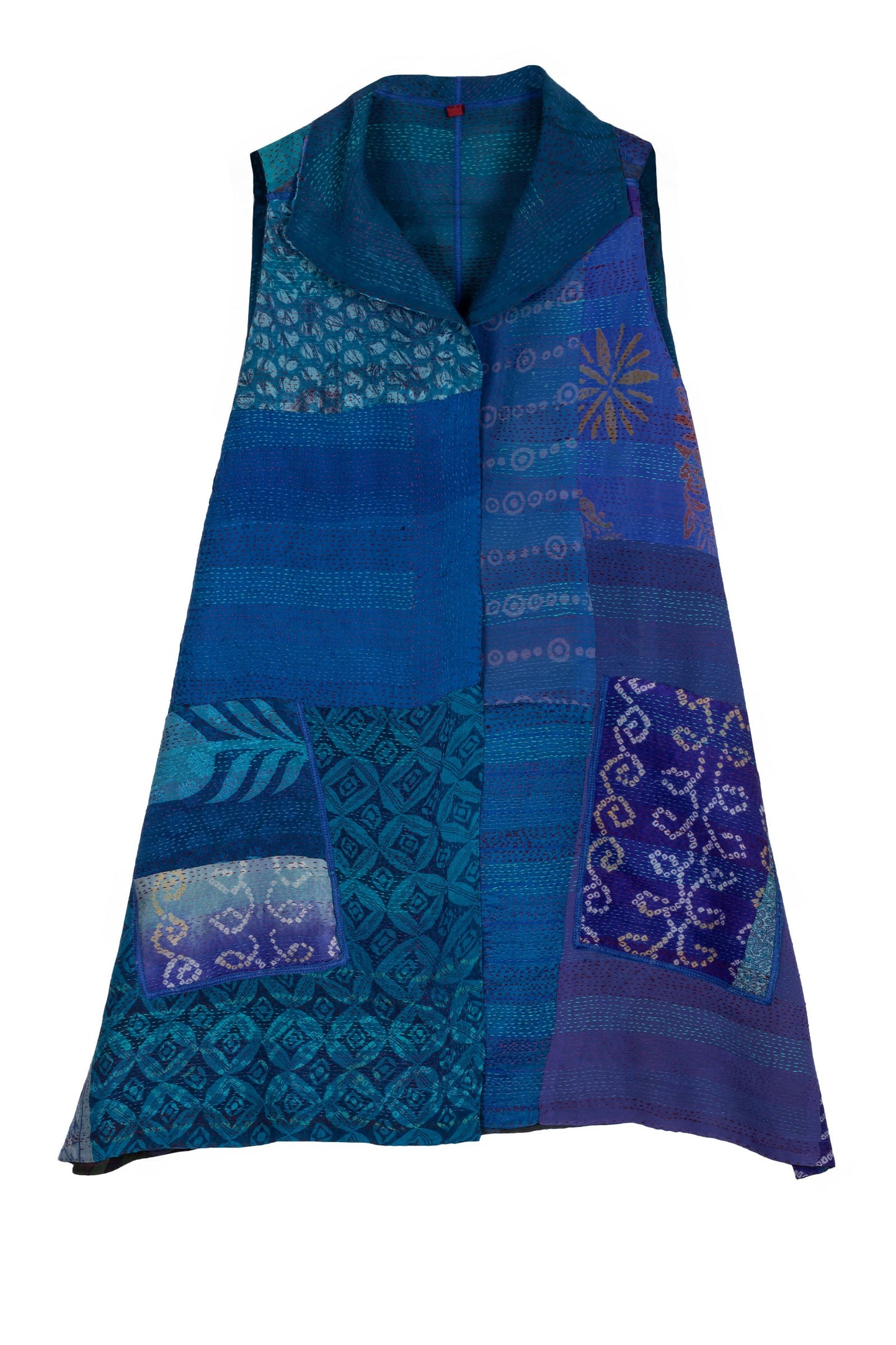 GEORGETTE VINTAGE SILK PATCH KANTHA WING COLLAR VEST - gs2207-blu -