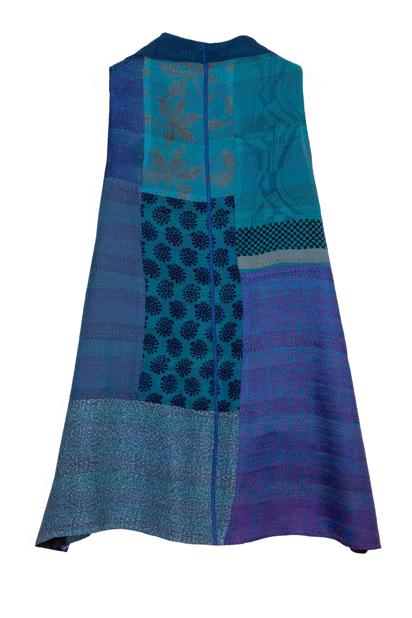 GEORGETTE VINTAGE SILK PATCH KANTHA WING COLLAR VEST - gs2207-blu -