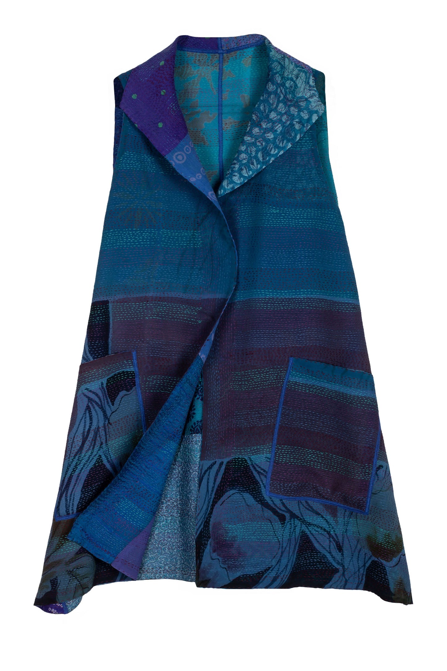 GEORGETTE VINTAGE SILK PATCH KANTHA WING COLLAR VEST - gs2207-blu -