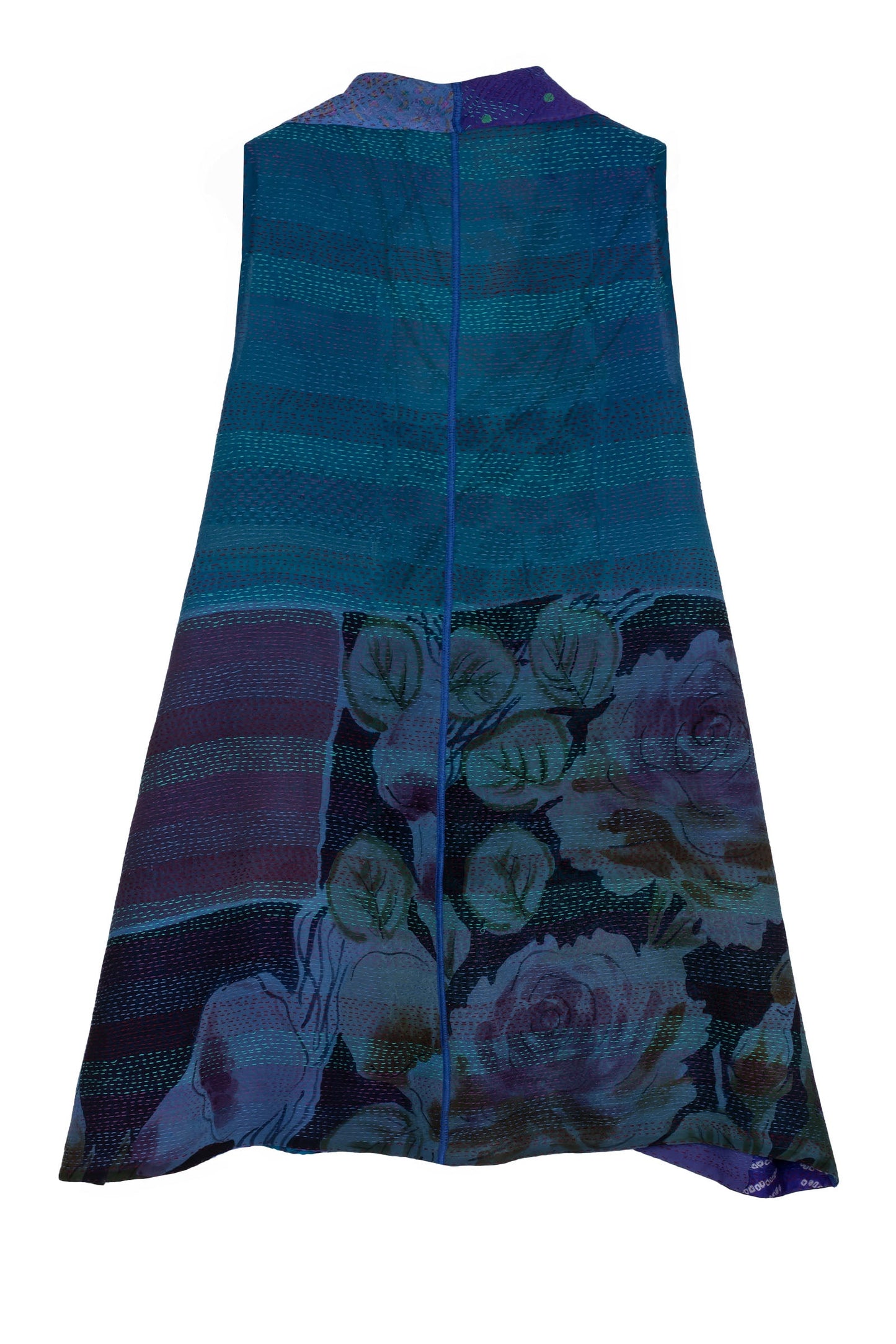 GEORGETTE VINTAGE SILK PATCH KANTHA WING COLLAR VEST - gs2207-blu -