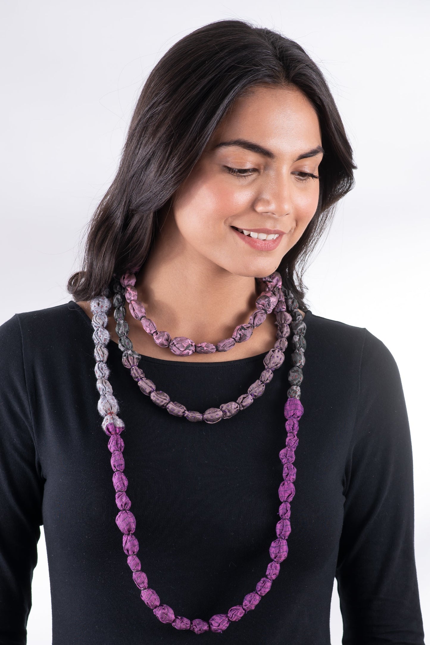 JACQUARD SILK KANTHA TIE-BEADS LONG NECKLACE - js2707-pik -