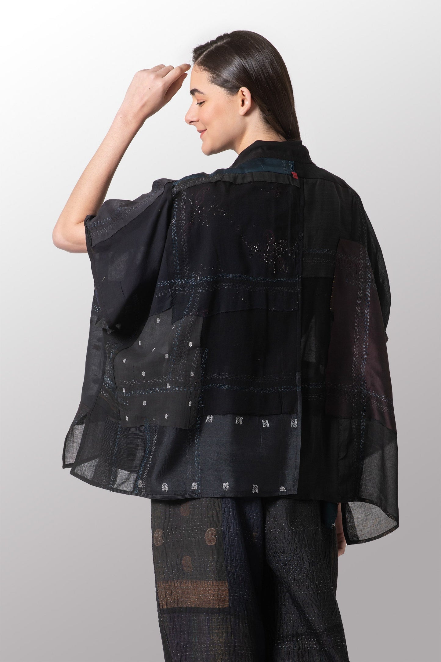 MOSAIC TILE PATCH KANTHA PONCHO TOP - mt1568-blk -