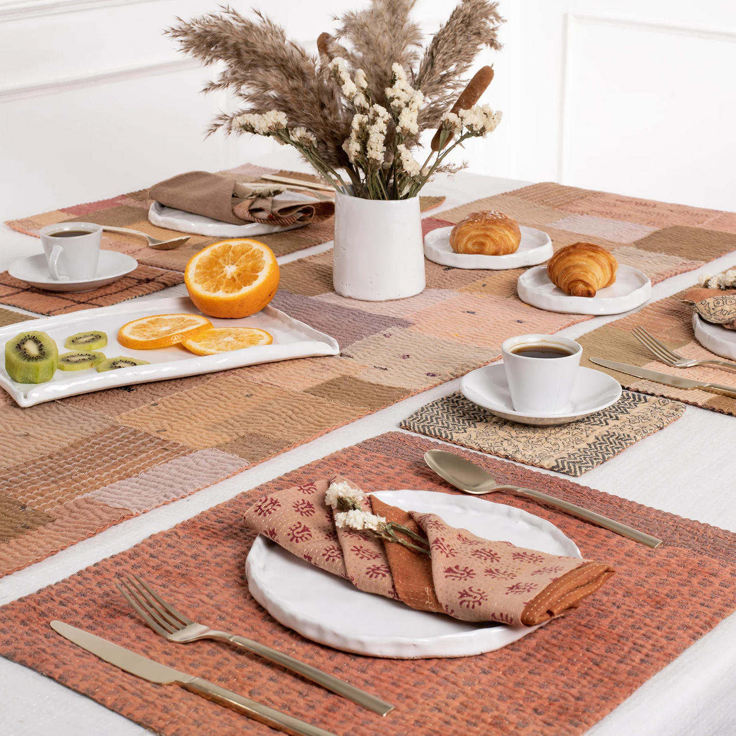 Mosaic Fray Handmade Vintage Kantha Placemat -Mushroom -
