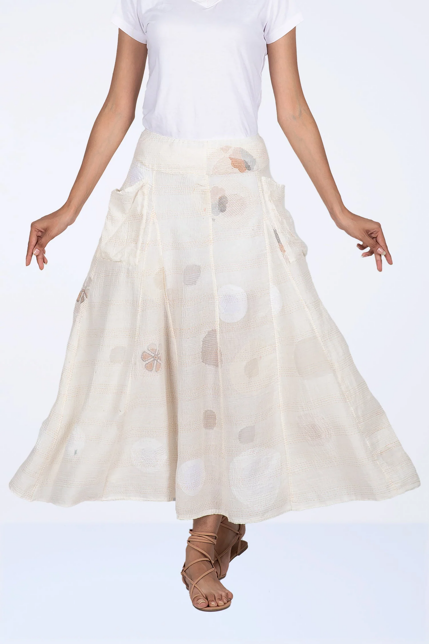 CUT THROUGH DOT AND HOLES KANTHA PANELED FLARE SKIRT - cd2630-ivy -