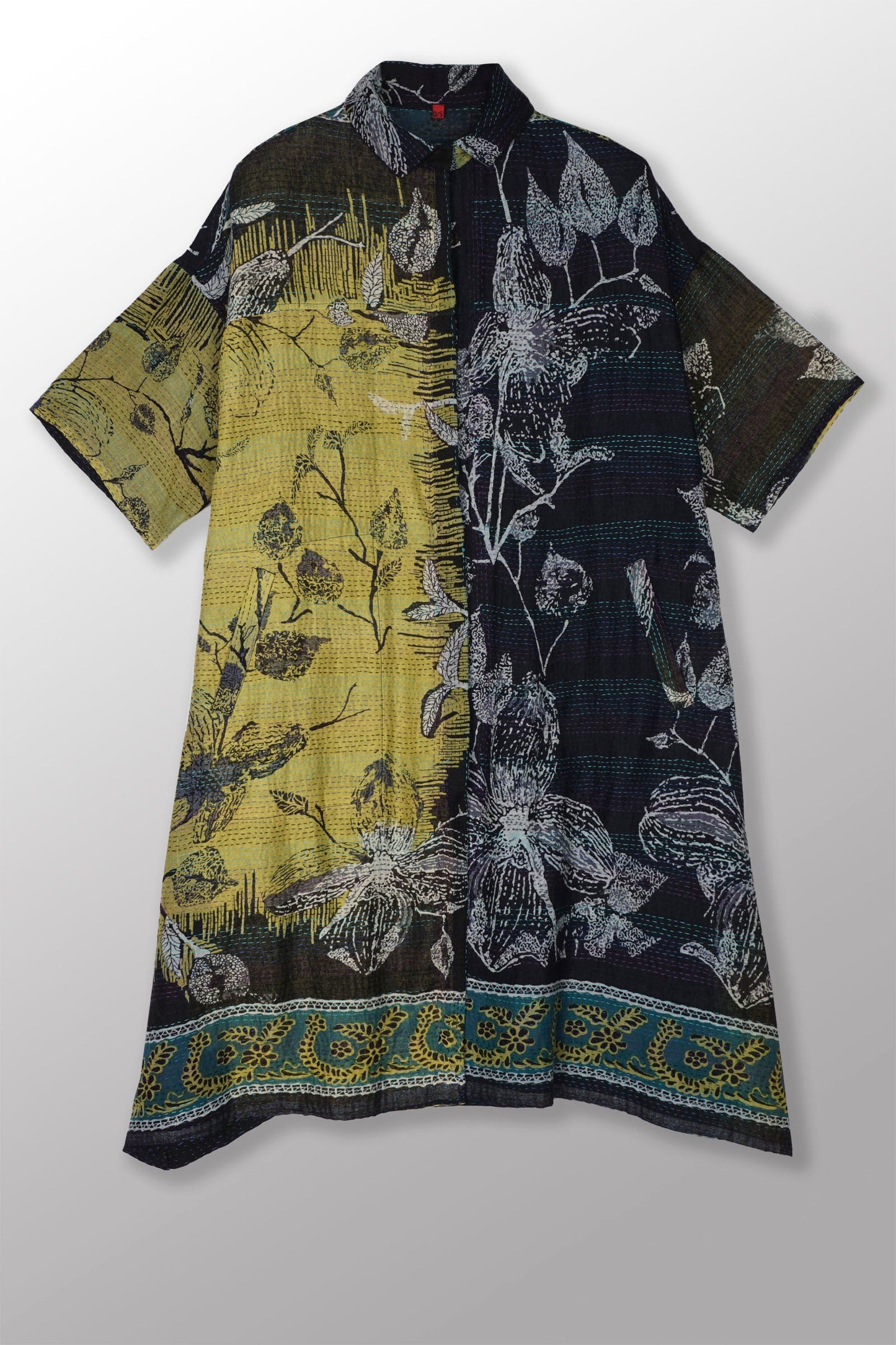 ORGANIC LEAVES KANTHA HALF SLV. SHIRT DRESS - ol2429-blk -