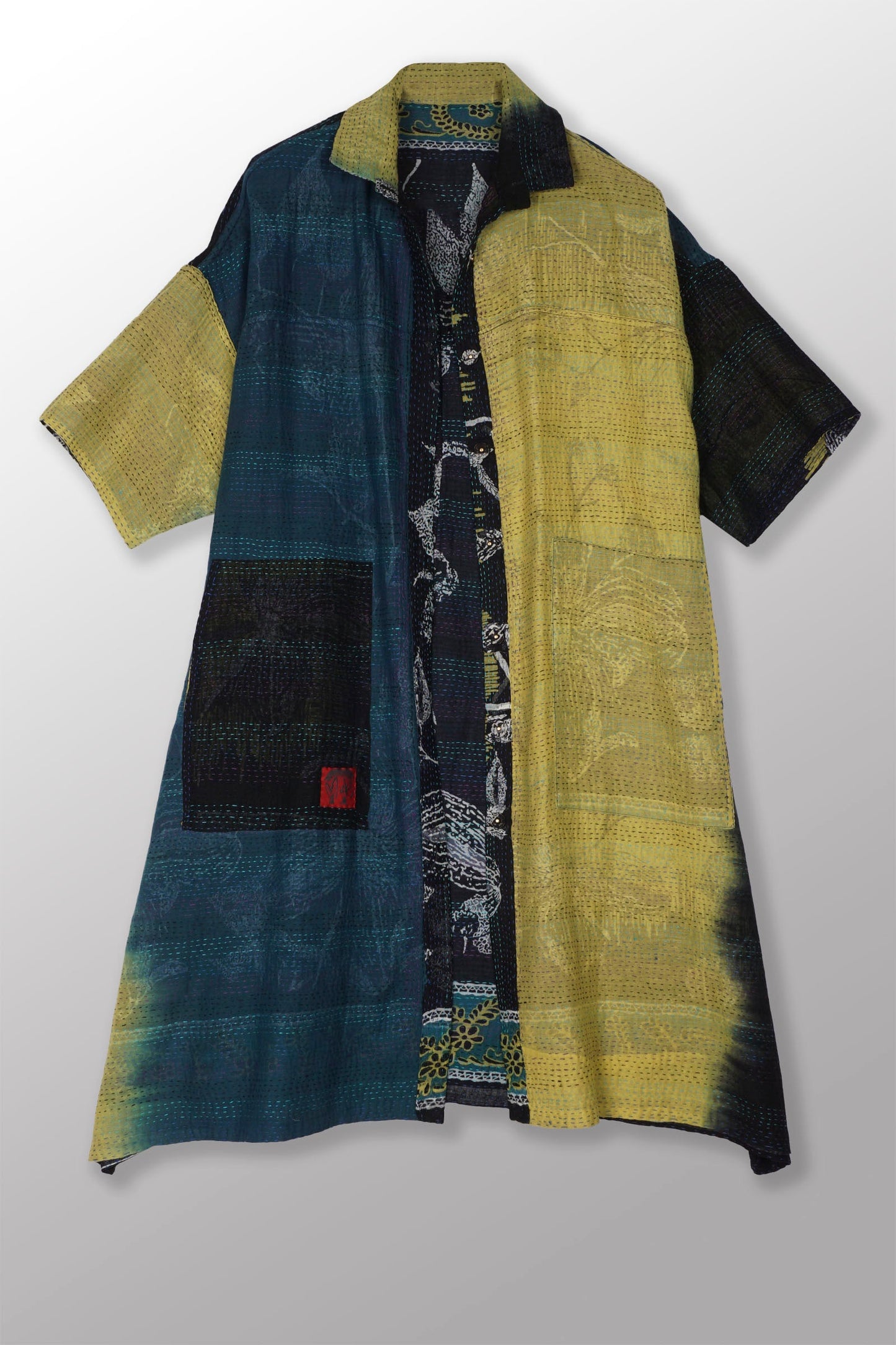 ORGANIC LEAVES KANTHA HALF SLV. SHIRT DRESS - ol2429-blk -