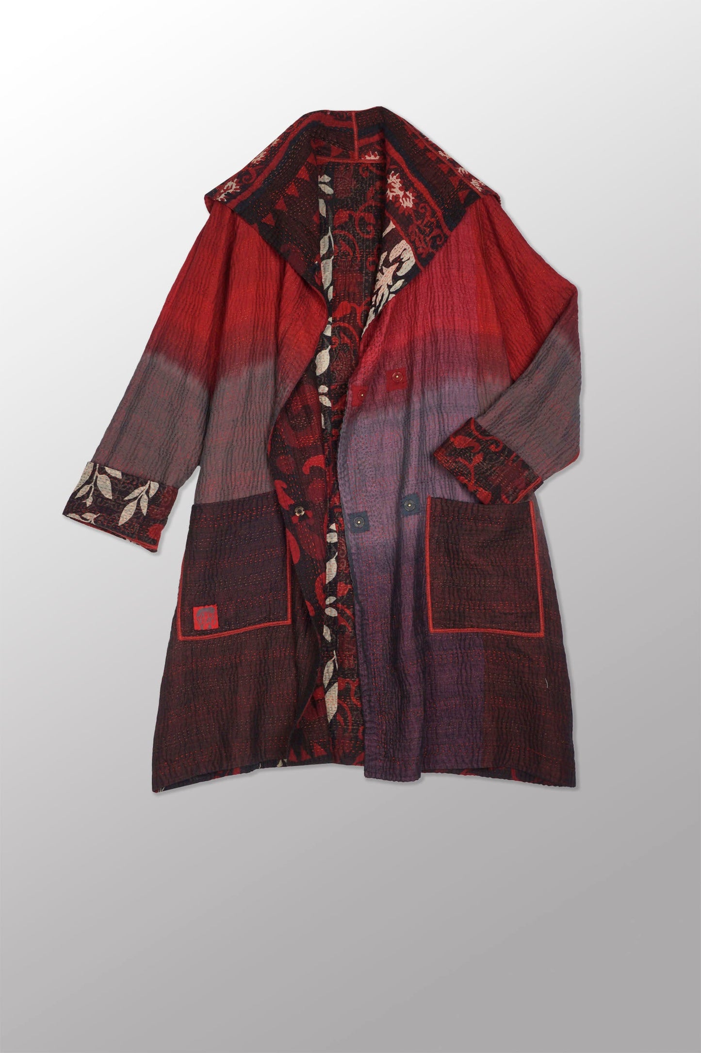 BIG PRINTED PATCH WITH OMBRE BACKING KANTHA POCKET MEDIUM COAT - px4316-red -