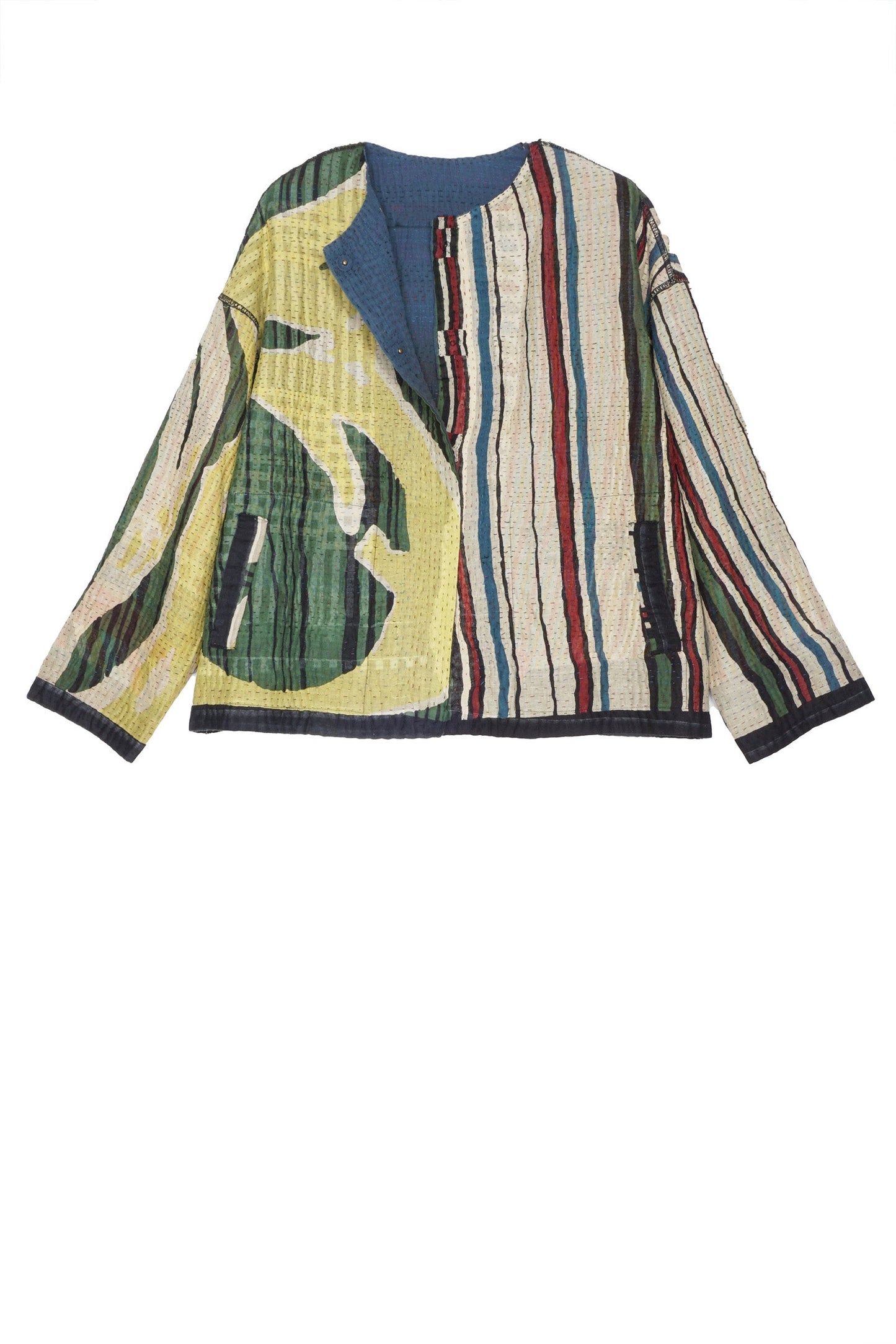 STRIPE AND BENDS KANTHA CREW NECK SHORT JACKET - sb4053-grn -