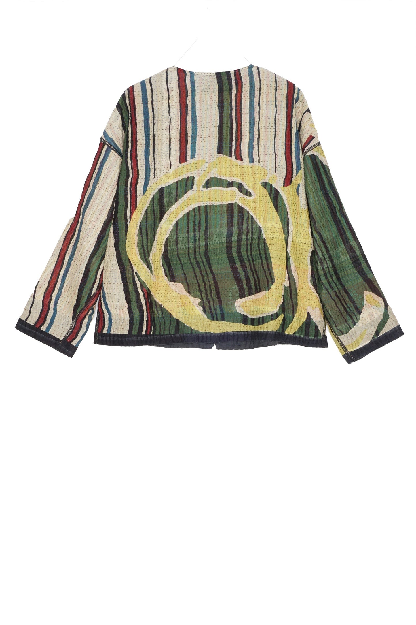 STRIPE AND BENDS KANTHA CREW NECK SHORT JACKET - sb4053-grn -