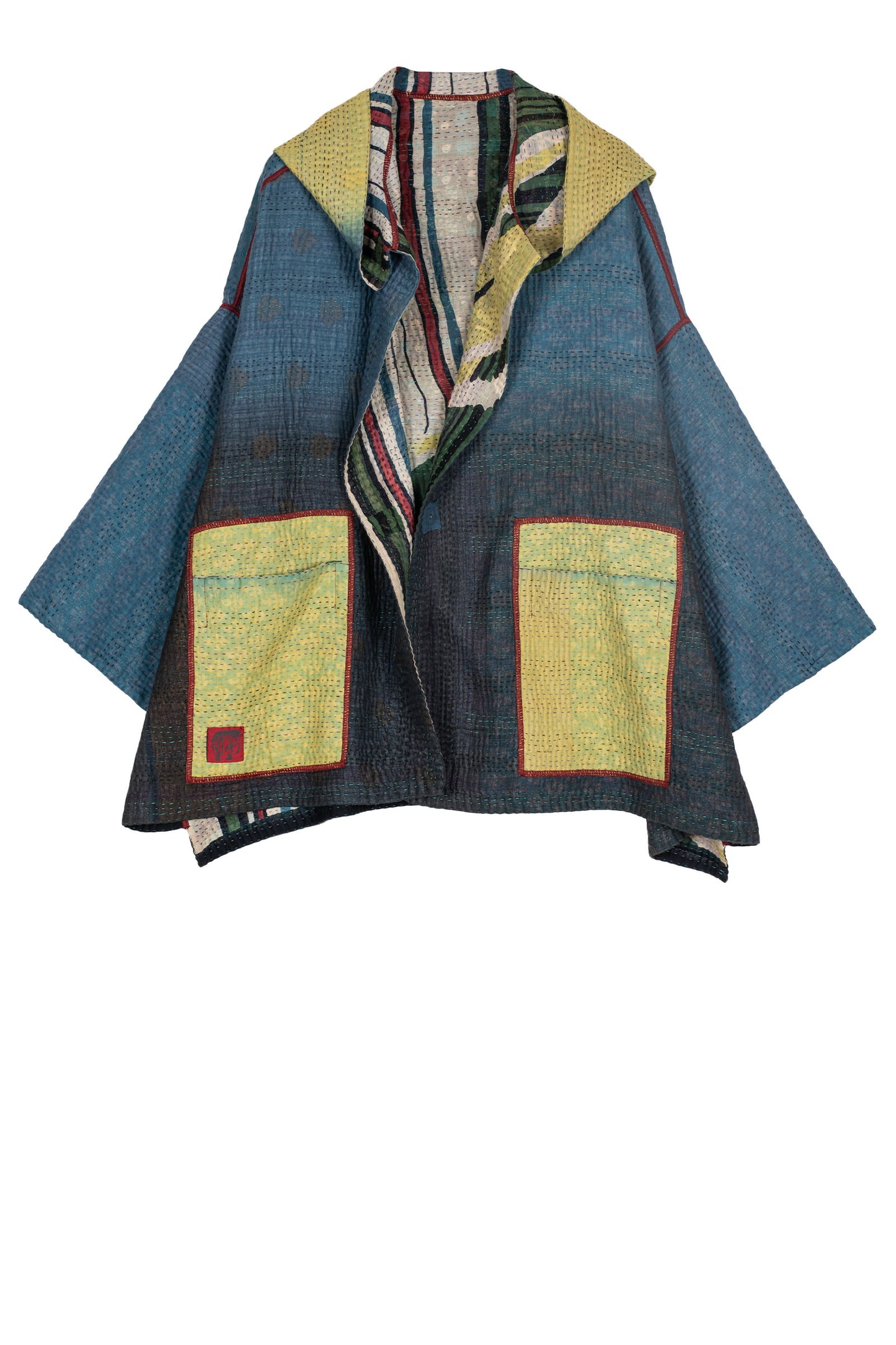 STRIPE AND BENDS KANTHA CREW NECK SHORT JACKET - sb4053-grn -