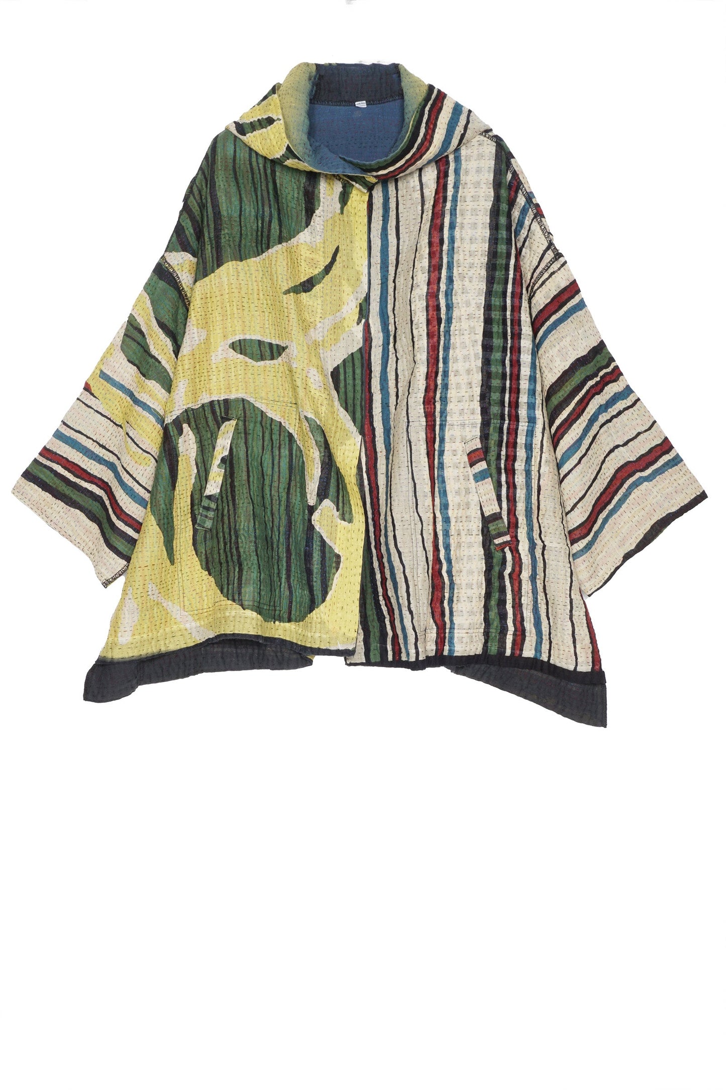 STRIPE AND BENDS KANTHA HOODIE PONCHO - sb4064-grn -