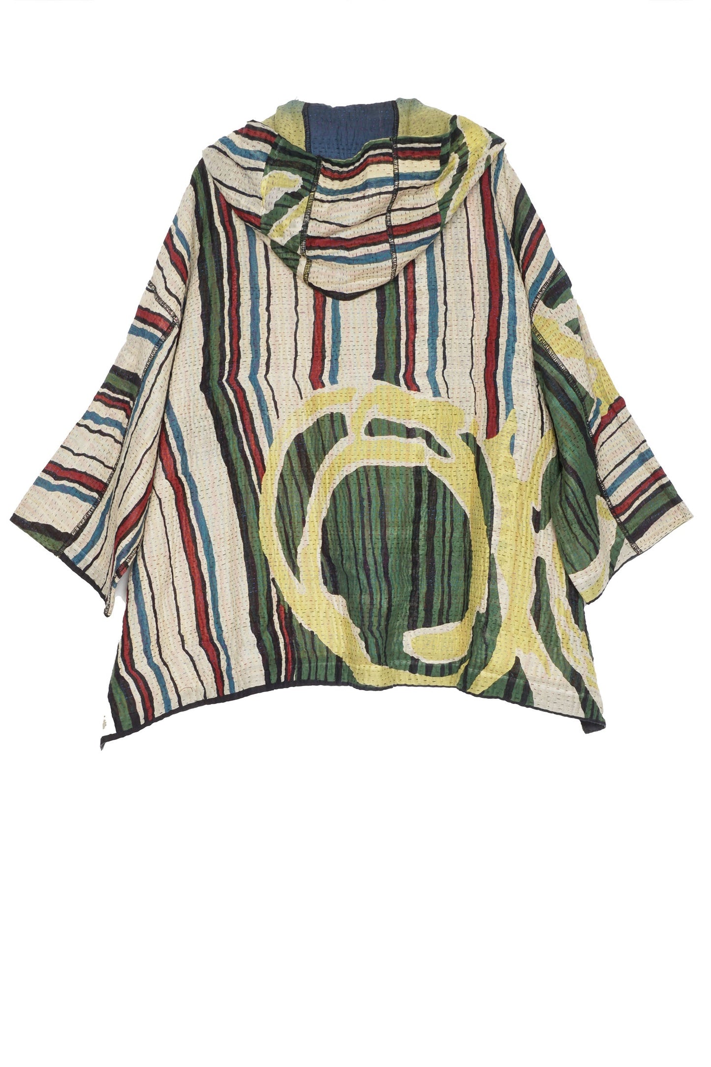 STRIPE AND BENDS KANTHA HOODIE PONCHO - sb4064-grn -