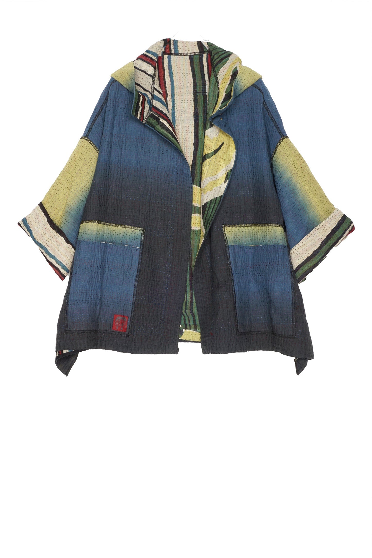 STRIPE AND BENDS KANTHA HOODIE PONCHO - sb4064-grn -