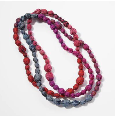 VINTAGE SILK KANTHA TIE-BEADS LONG NECKLACE - sv2707-red -