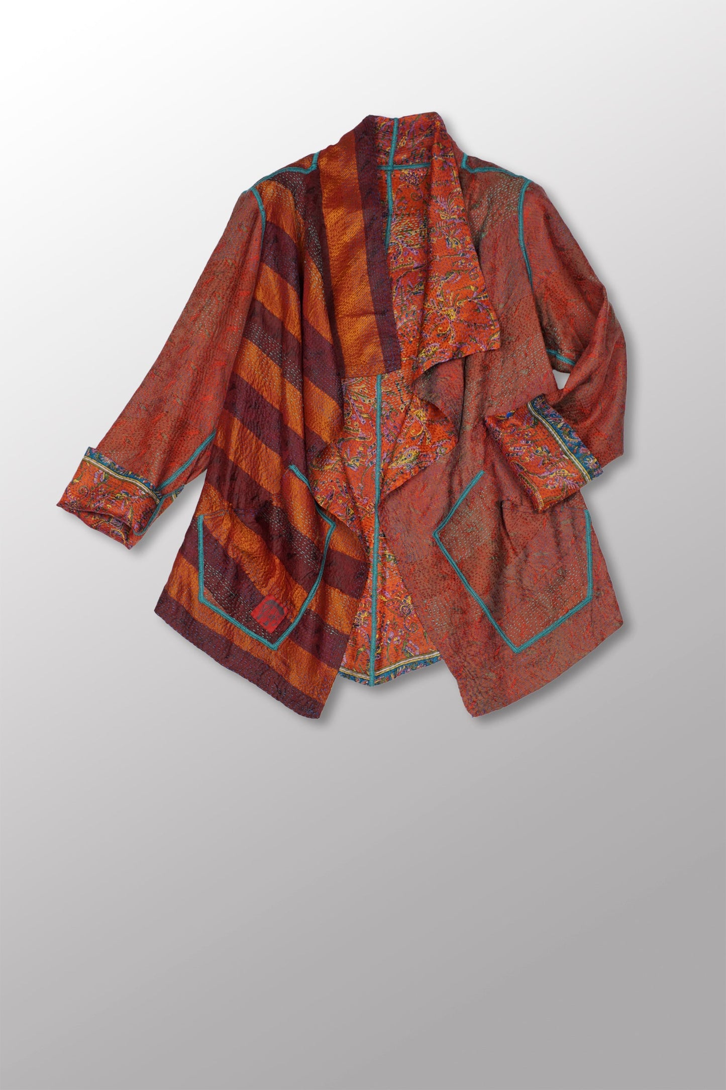 VINTAGE SILK GEORGETTE KANTHA WING COLLAR JACKET - sg2013-001 -