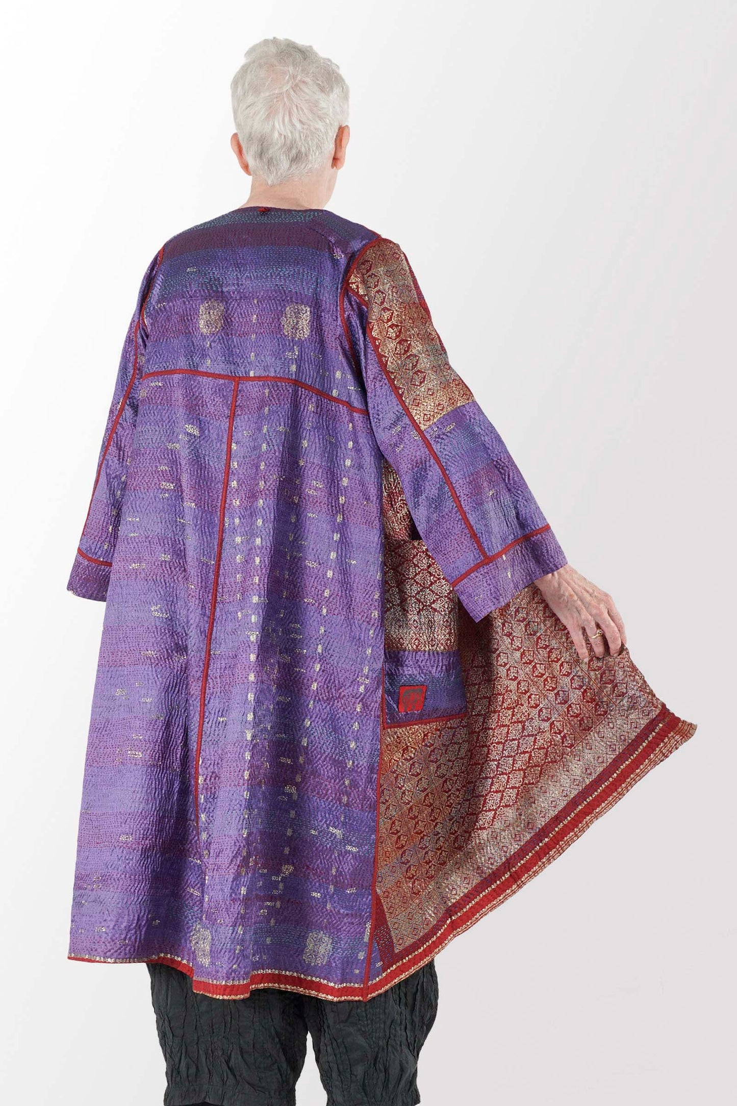 VINTAGE SILK GEORGETTE KANTHA WRAP FLARE COAT - sg2330-0001a -