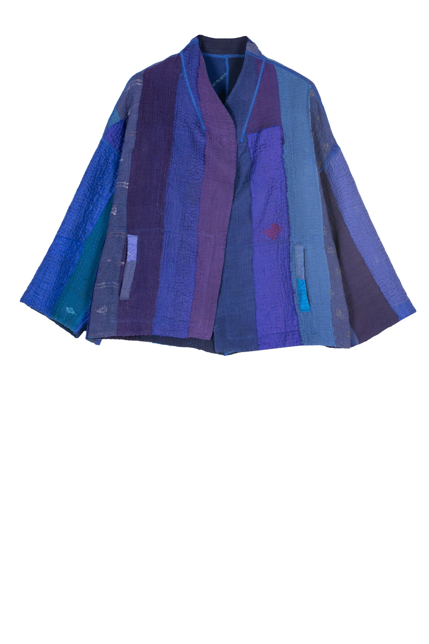 STRIPE AND CHECK COTTON SILK PATCH KANTHA STAND COLLAR CROPPED JACKET - ss4034-blu -