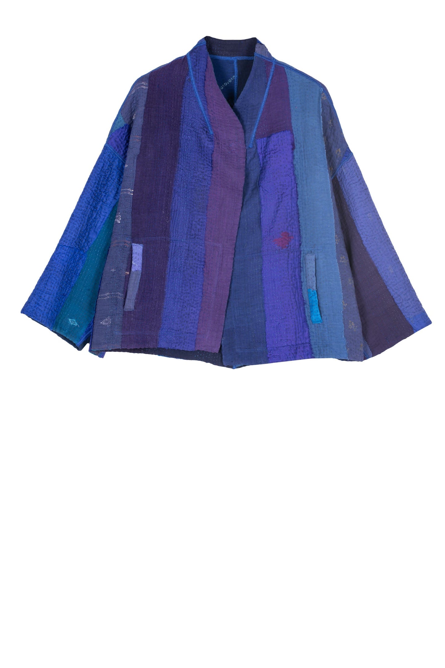 STRIPE AND CHECK COTTON SILK PATCH KANTHA STAND COLLAR CROPPED JACKET - ss4034-blu -