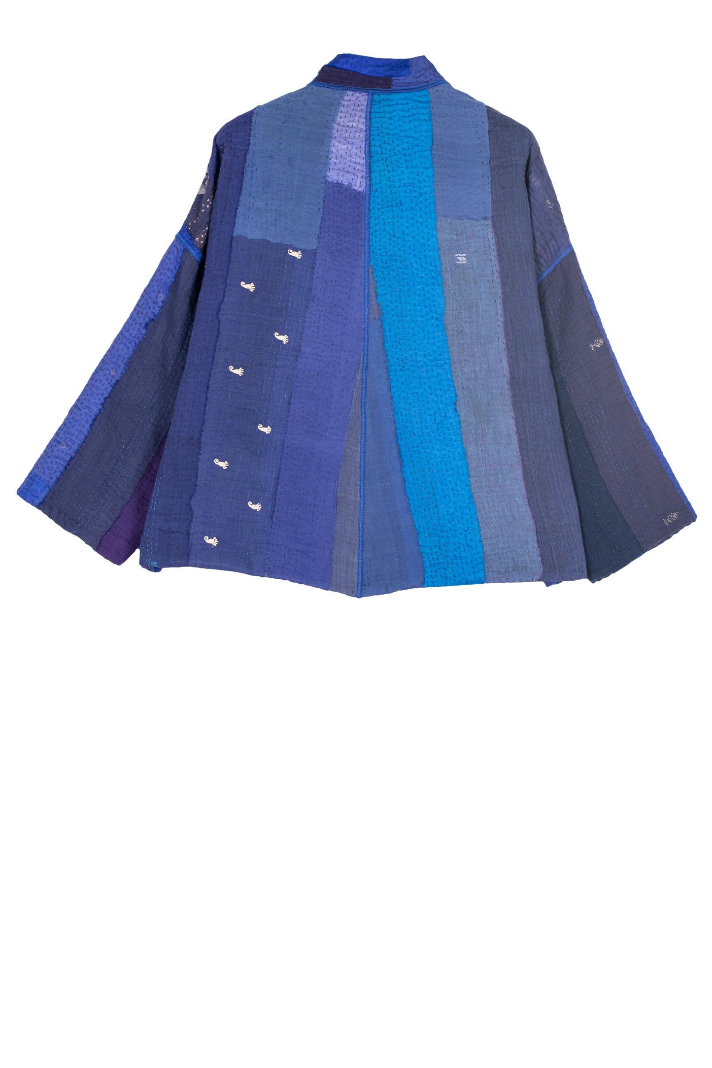 STRIPE AND CHECK COTTON SILK PATCH KANTHA STAND COLLAR CROPPED JACKET - ss4034-blu -