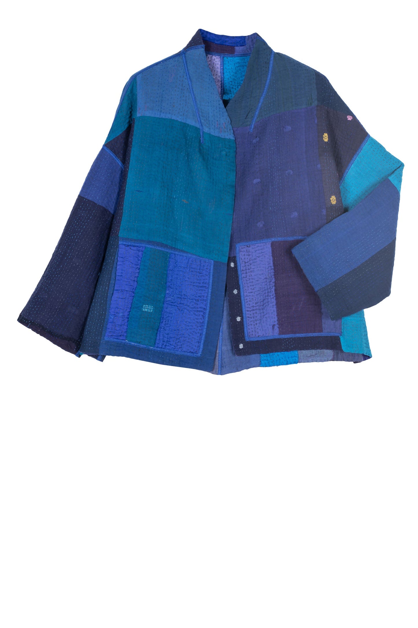 STRIPE AND CHECK COTTON SILK PATCH KANTHA STAND COLLAR CROPPED JACKET - ss4034-blu -