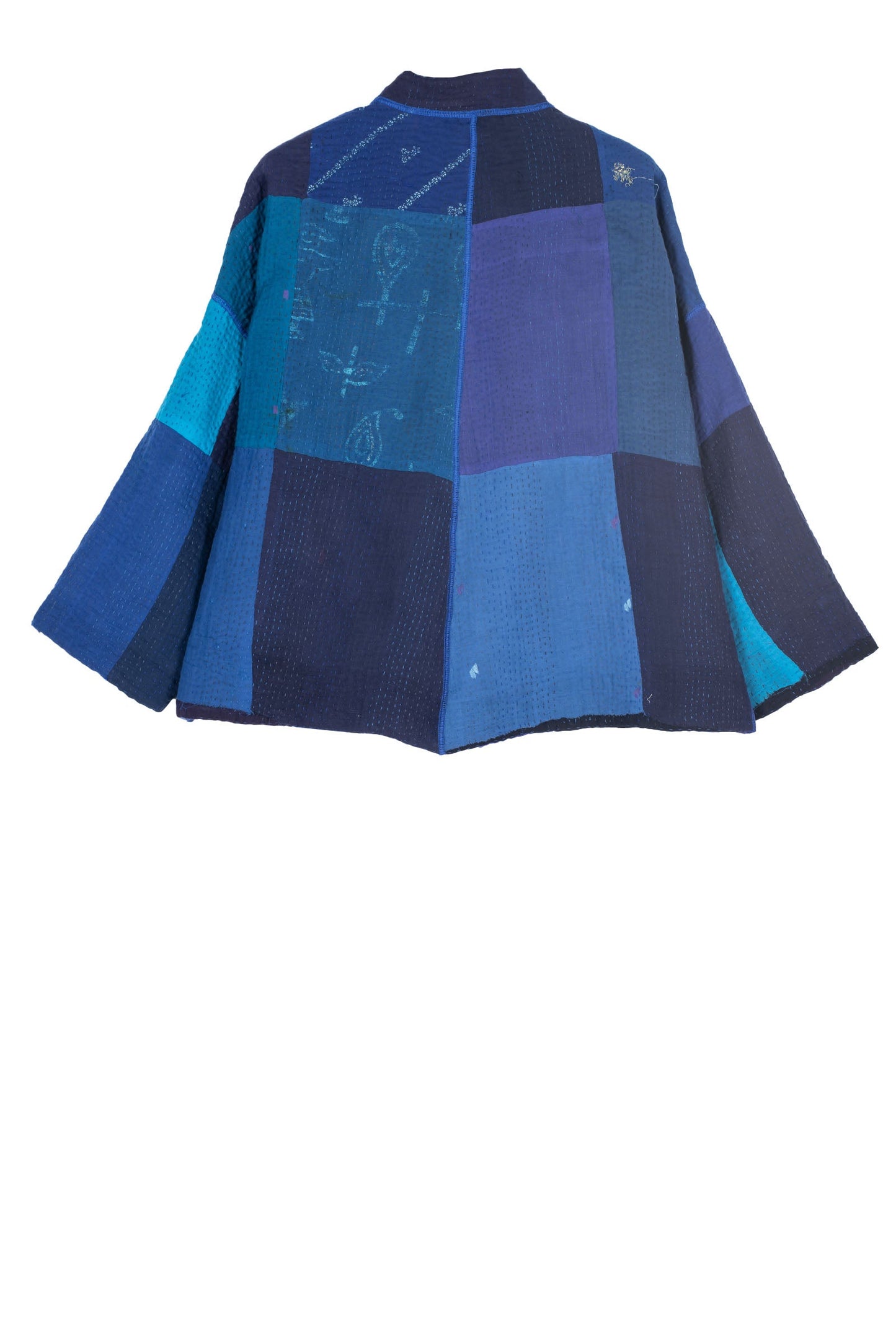 STRIPE AND CHECK COTTON SILK PATCH KANTHA STAND COLLAR CROPPED JACKET - ss4034-blu -