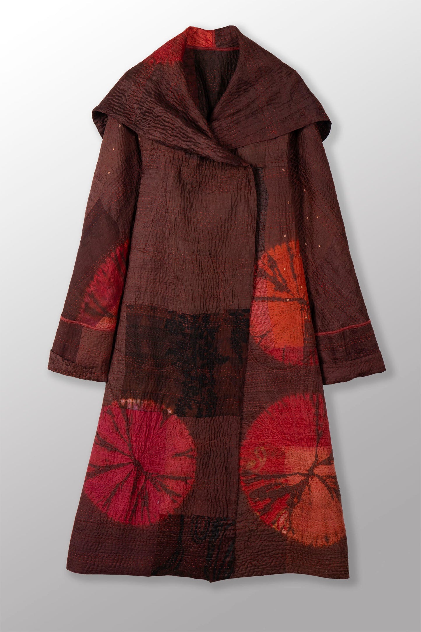 TIE DYE CIRCLE SHIBORI KANTHA A-LINE LONG COAT - td4302-brn -