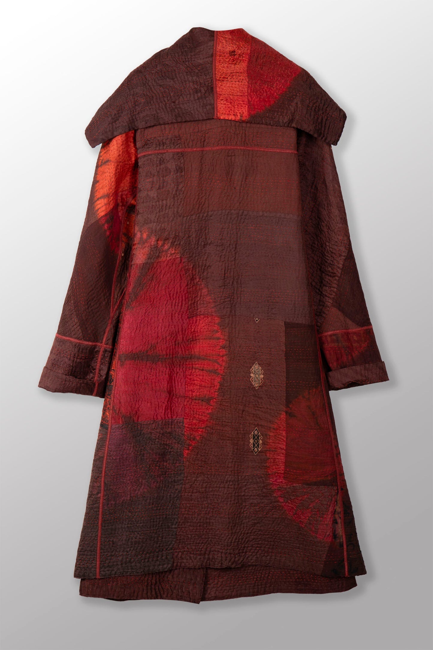 TIE DYE CIRCLE SHIBORI KANTHA A-LINE LONG COAT - td4302-brn -