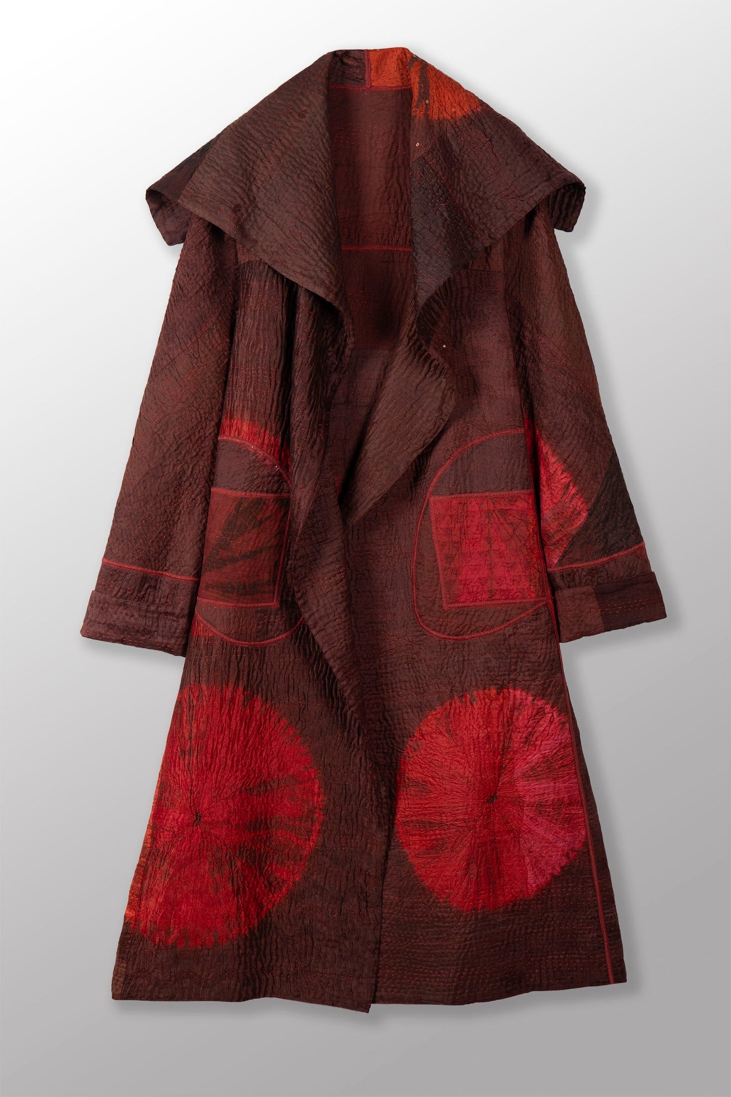 TIE DYE CIRCLE SHIBORI KANTHA A-LINE LONG COAT - td4302-brn -