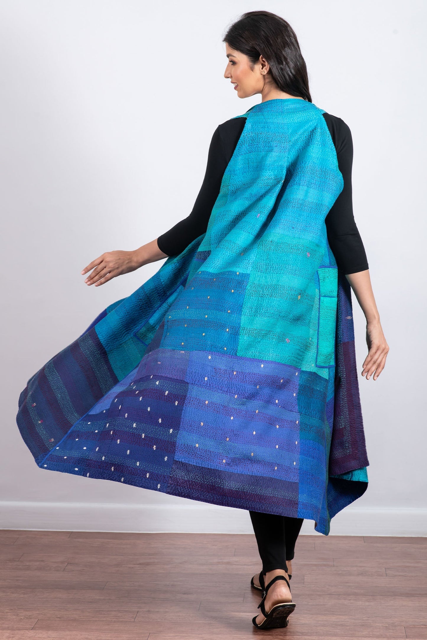 VINTAGE SILK PATCH KANTHA BACK PLEATED VEST MAXI - vp2222-blu -