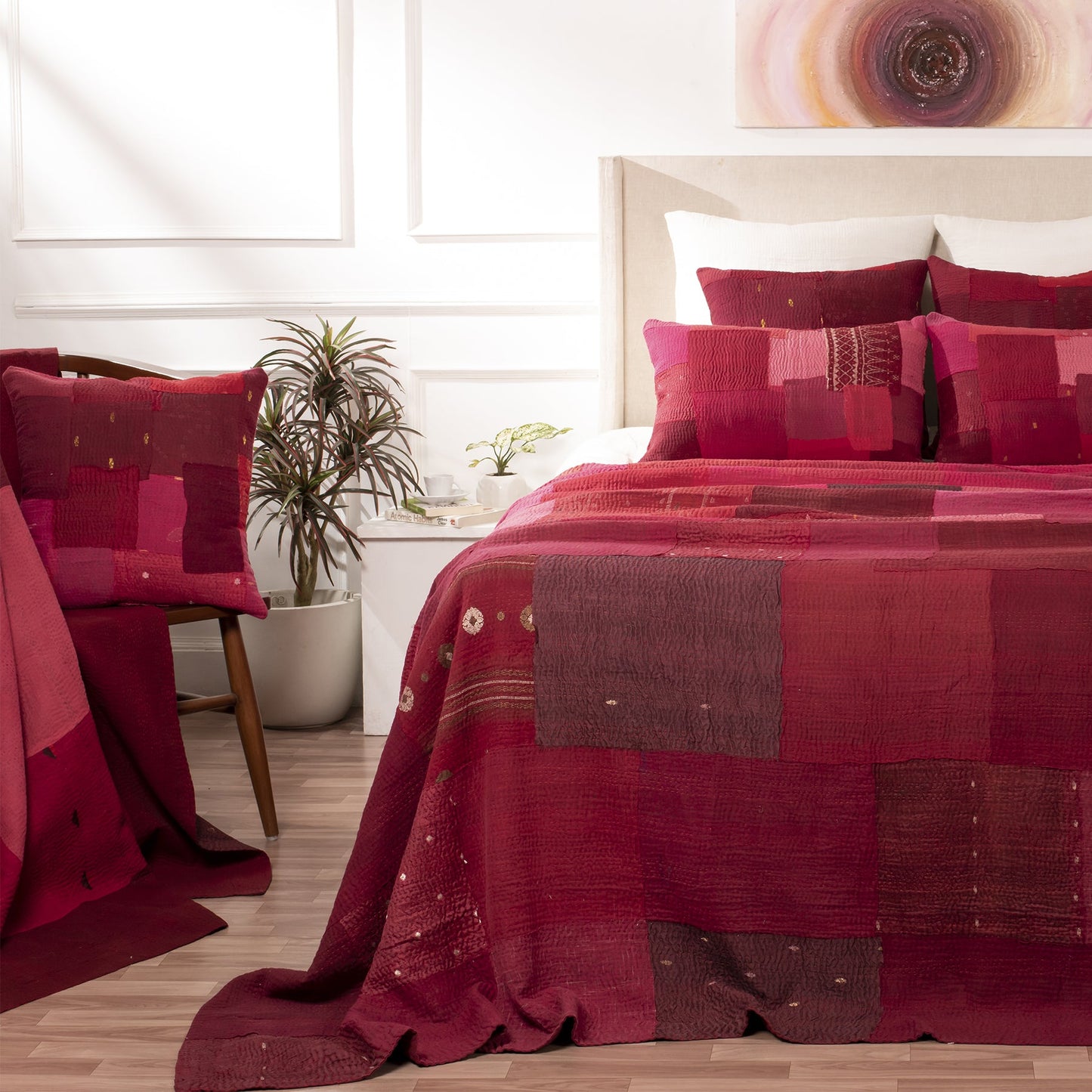 Landscape Handmade vintage Kantha Bed Cover - Red