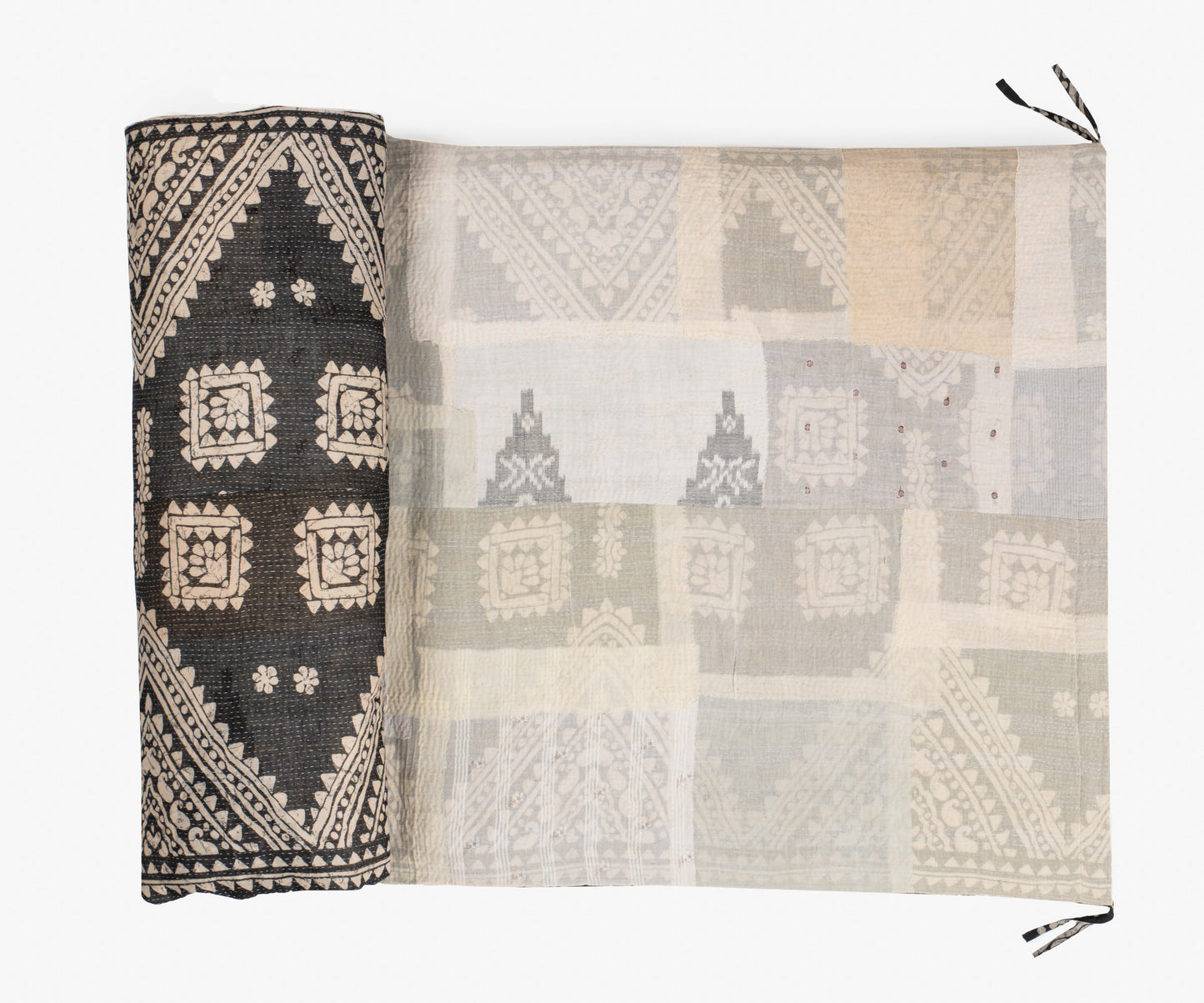 VINTAGE FRAY PATCH PRINTED KANTHA DAY BED MATTRESS COVER