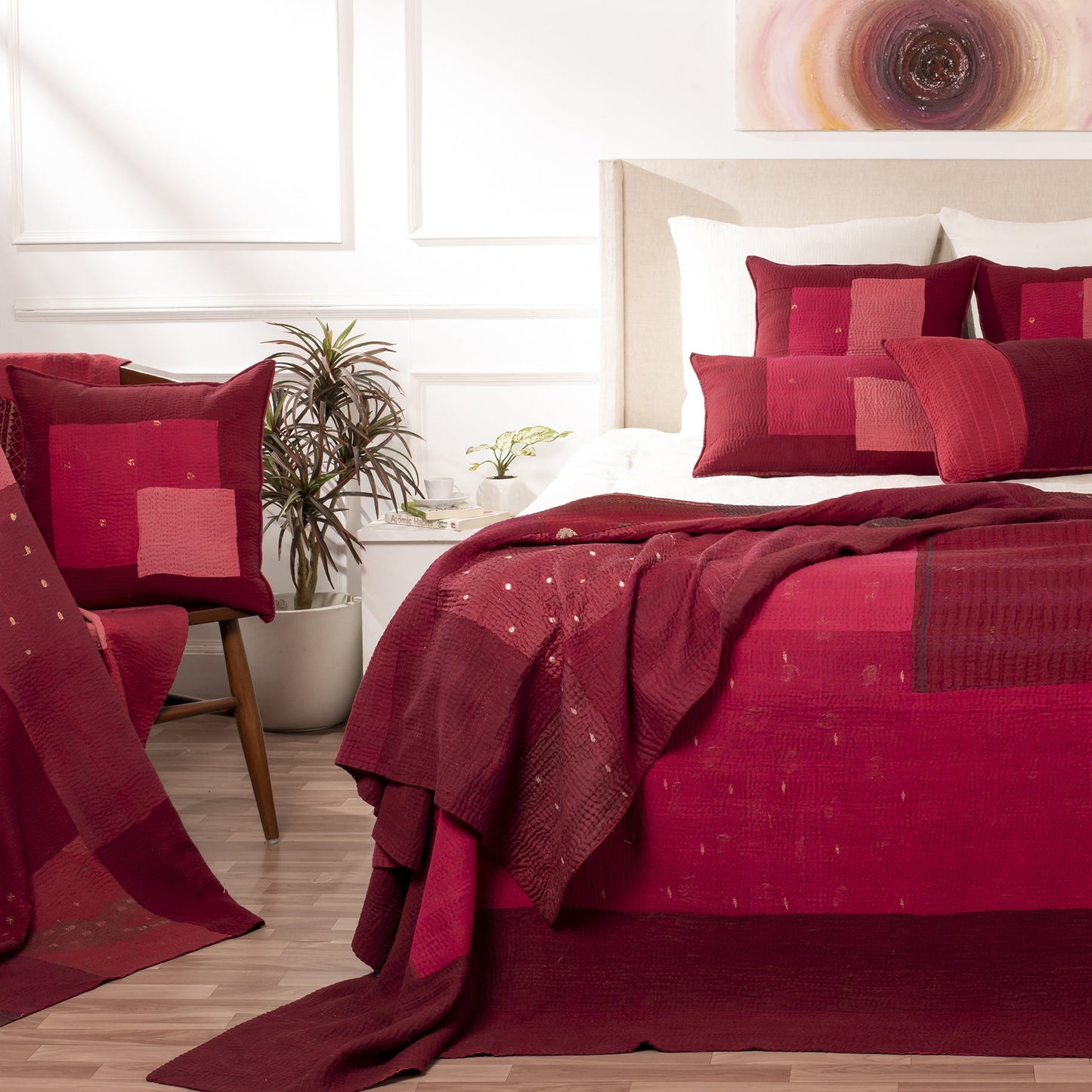 Landscape Handmade vintage Kantha Bed Cover - Red