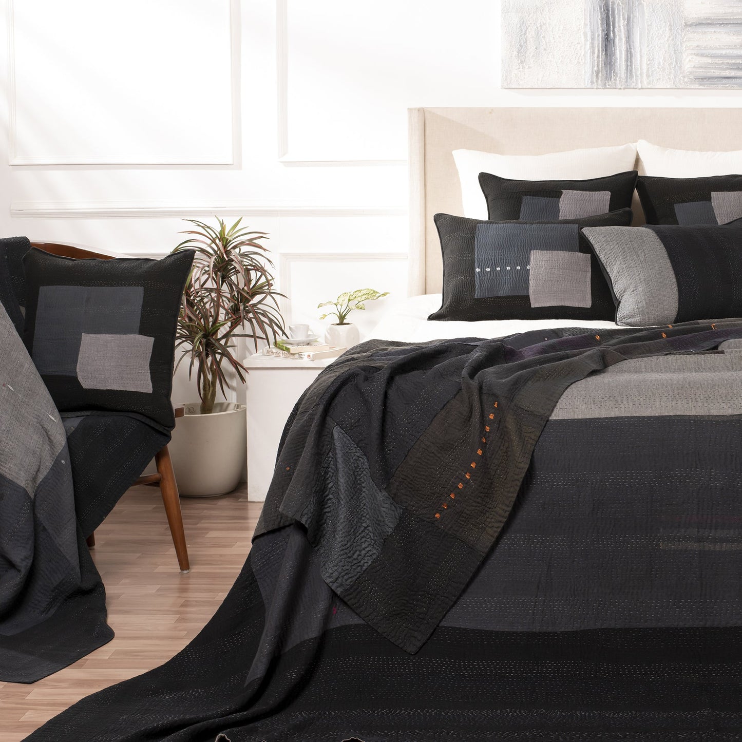 Landscape Handmade vintage Kantha Bed Cover - Black