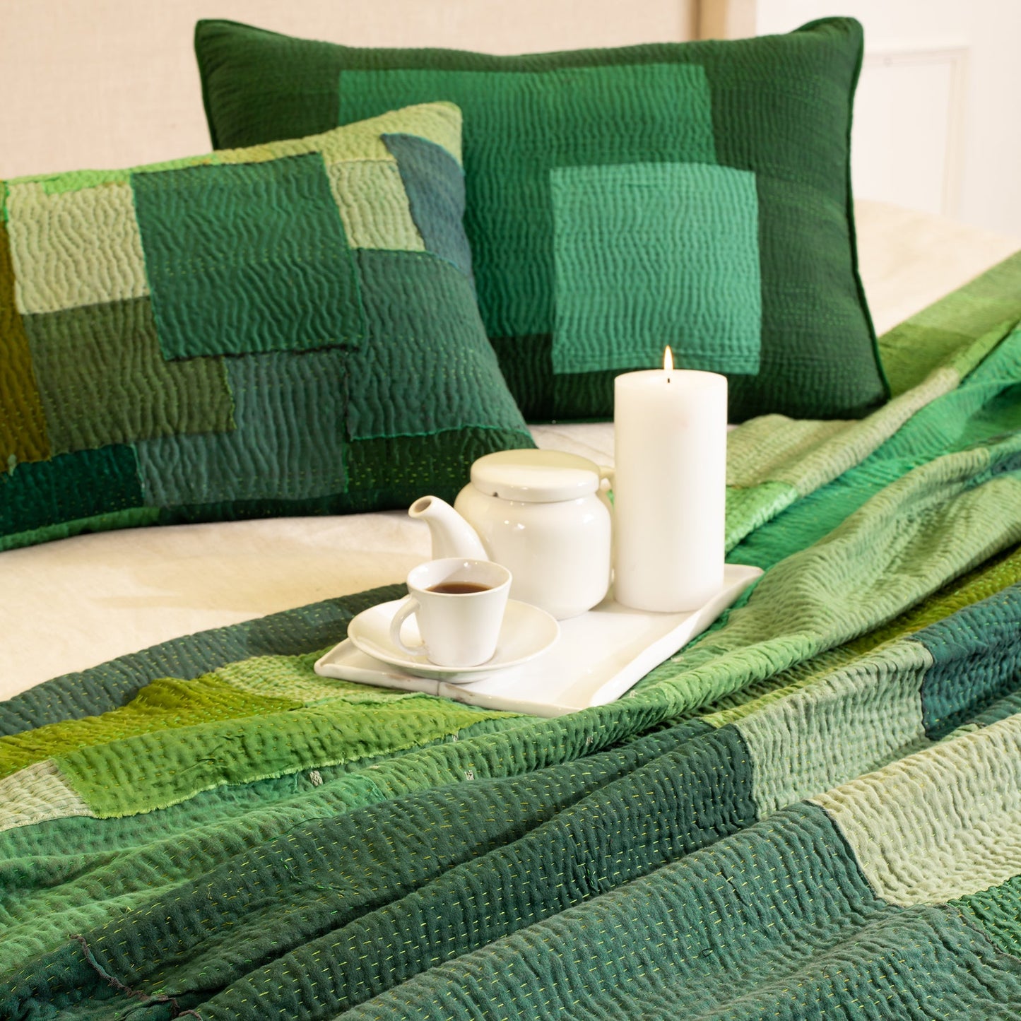 Landscape Handmade vintage Kantha Bed Cover - Green