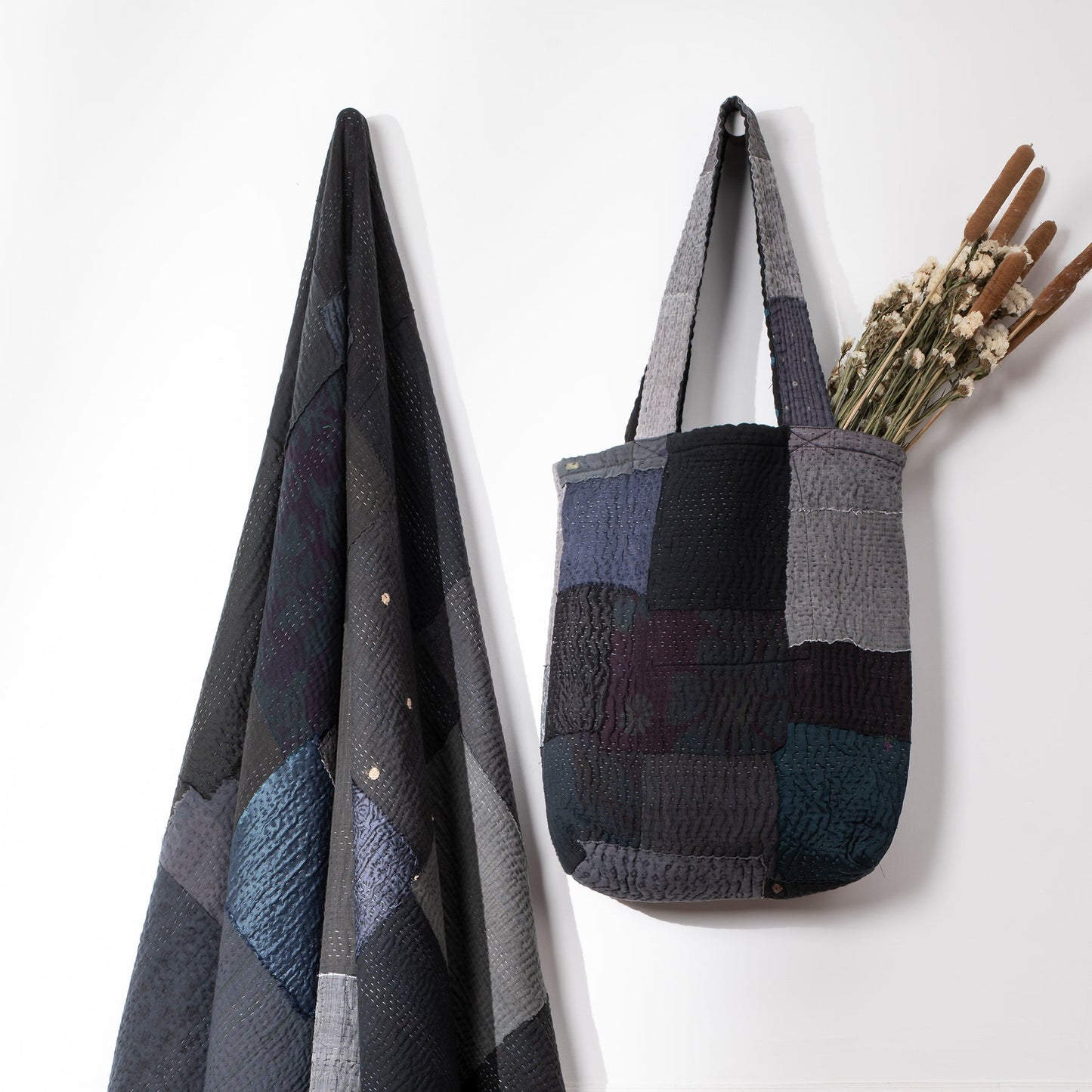Landscape Handmade vintage Kantha Tote Bag - Black