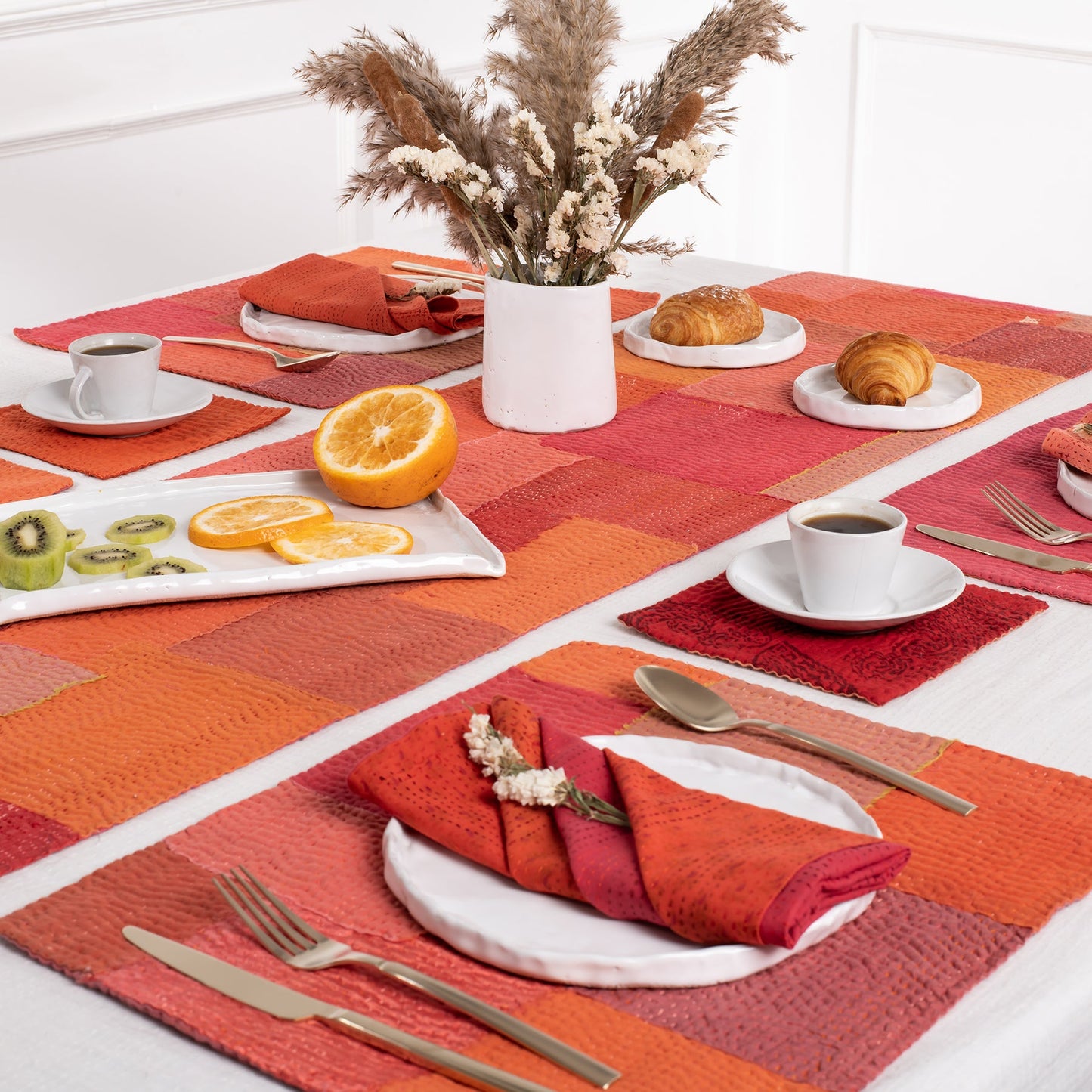 Mosaic Fray Handmade vintage Kantha Placemat - Carrot (Set of 2)