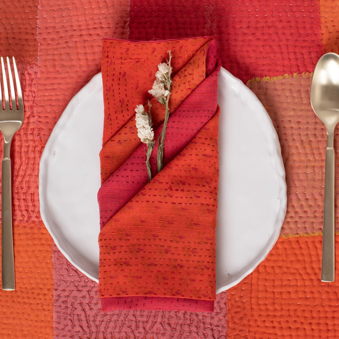 Mosaic Fray Handmade vintage Kantha Napkin - Carrot (Set of 2)