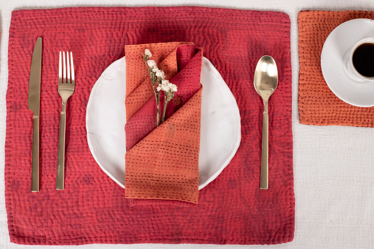 Mosaic Fray Handmade vintage Kantha Placemat - Carrot (Set of 2)