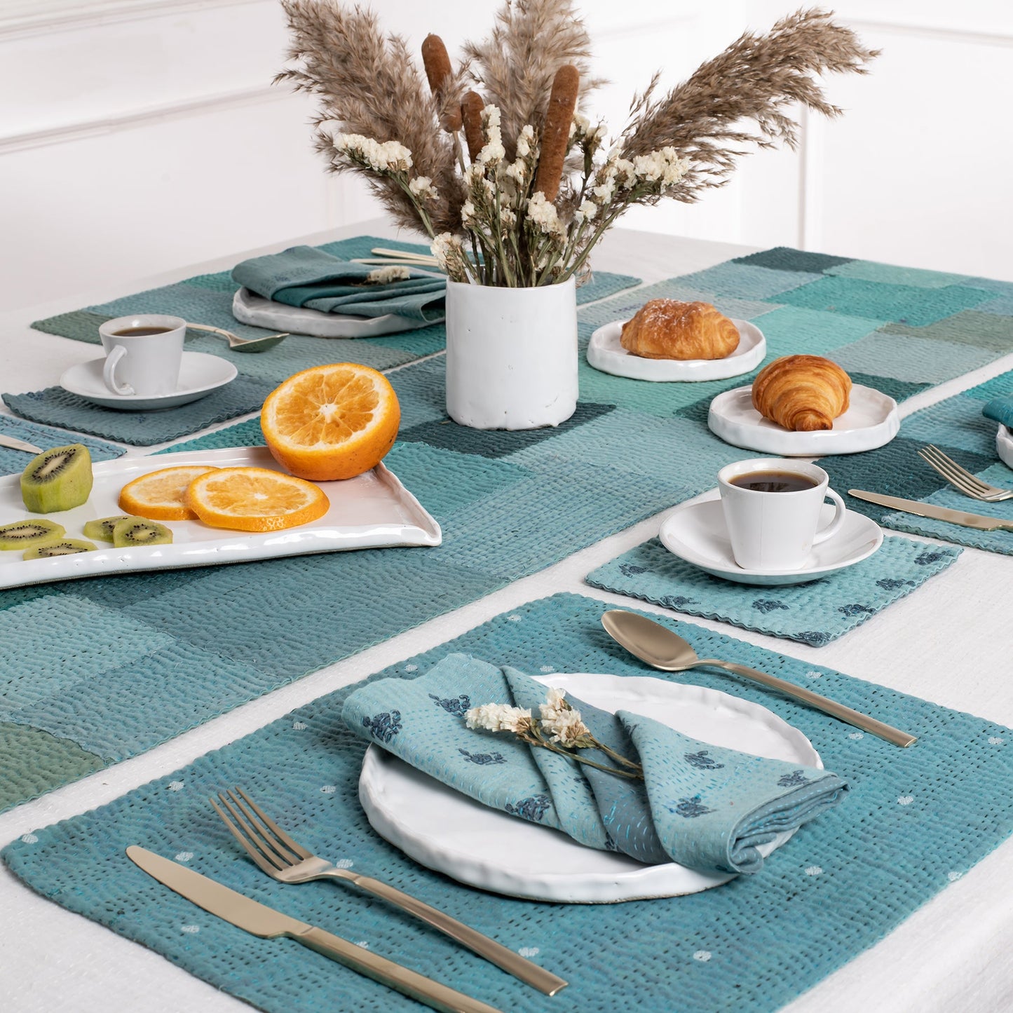 Mosaic Fray Handmade vintage Kantha Napkin - Cornflower (Set of 2)