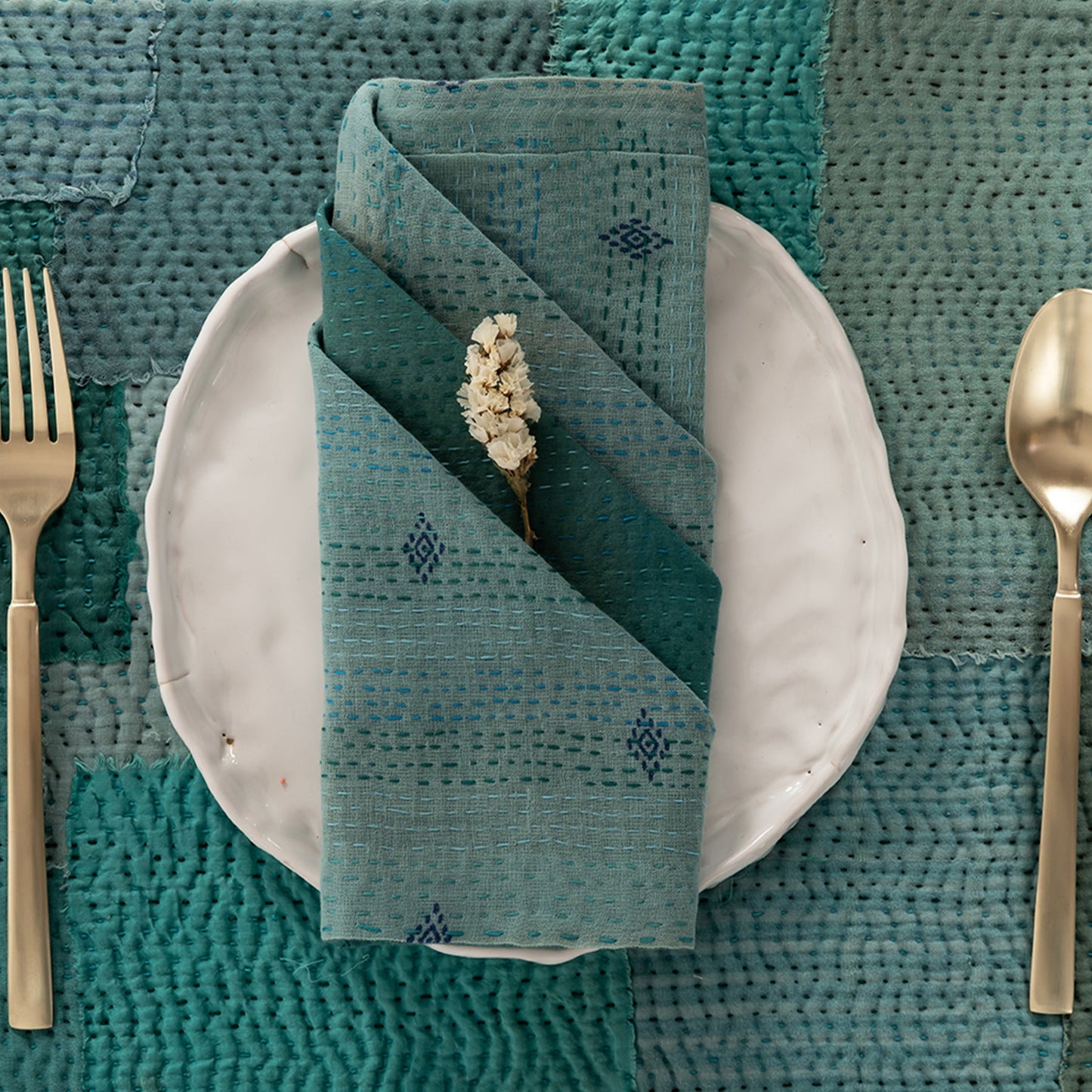 Mosaic Fray Handmade vintage Kantha Napkin - Cornflower (Set of 2)
