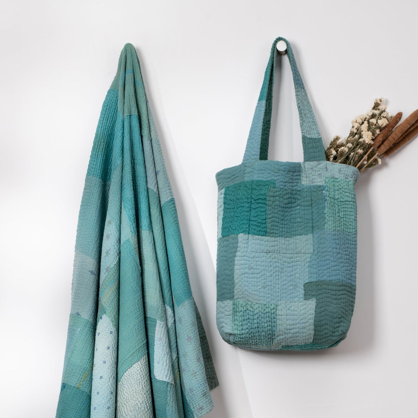Mosaic Fray Handmade vintage Kantha Tote Bag- Cornflower