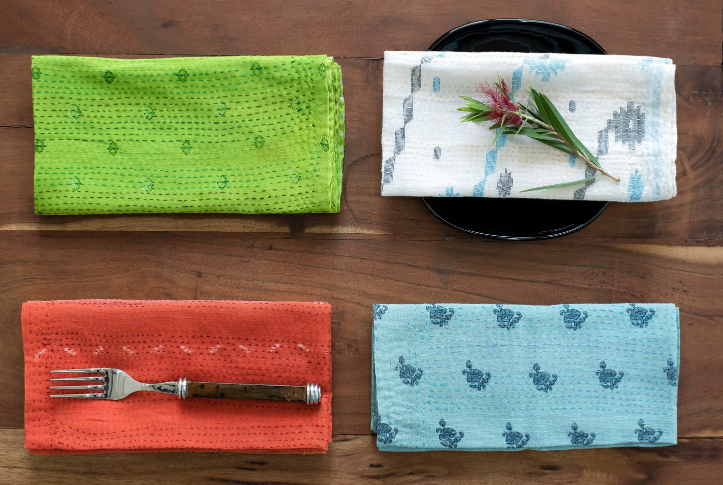 Mosaic Fray Handmade vintage Kantha Napkin - Cauliflower (Set of 2)