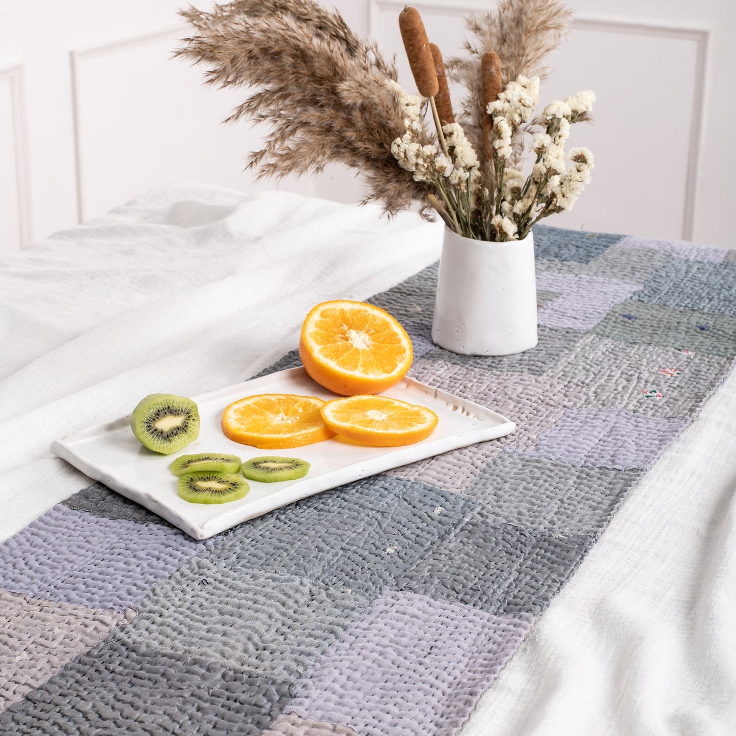 Mosaic Fray Handmade vintage Kantha Table Runner - Hydrangea