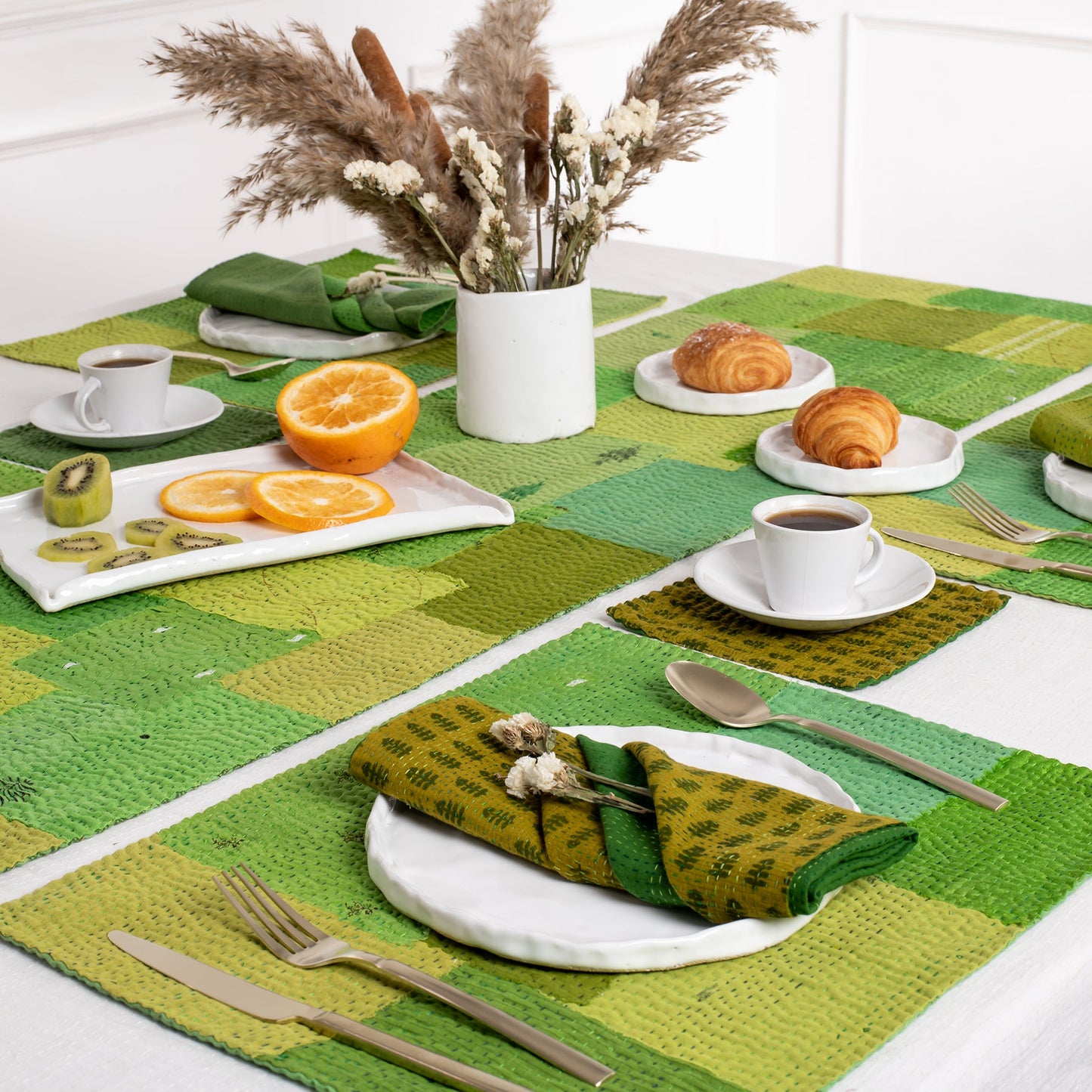 Mosaic Fray Handmade vintage Kantha Runner - Lime Green