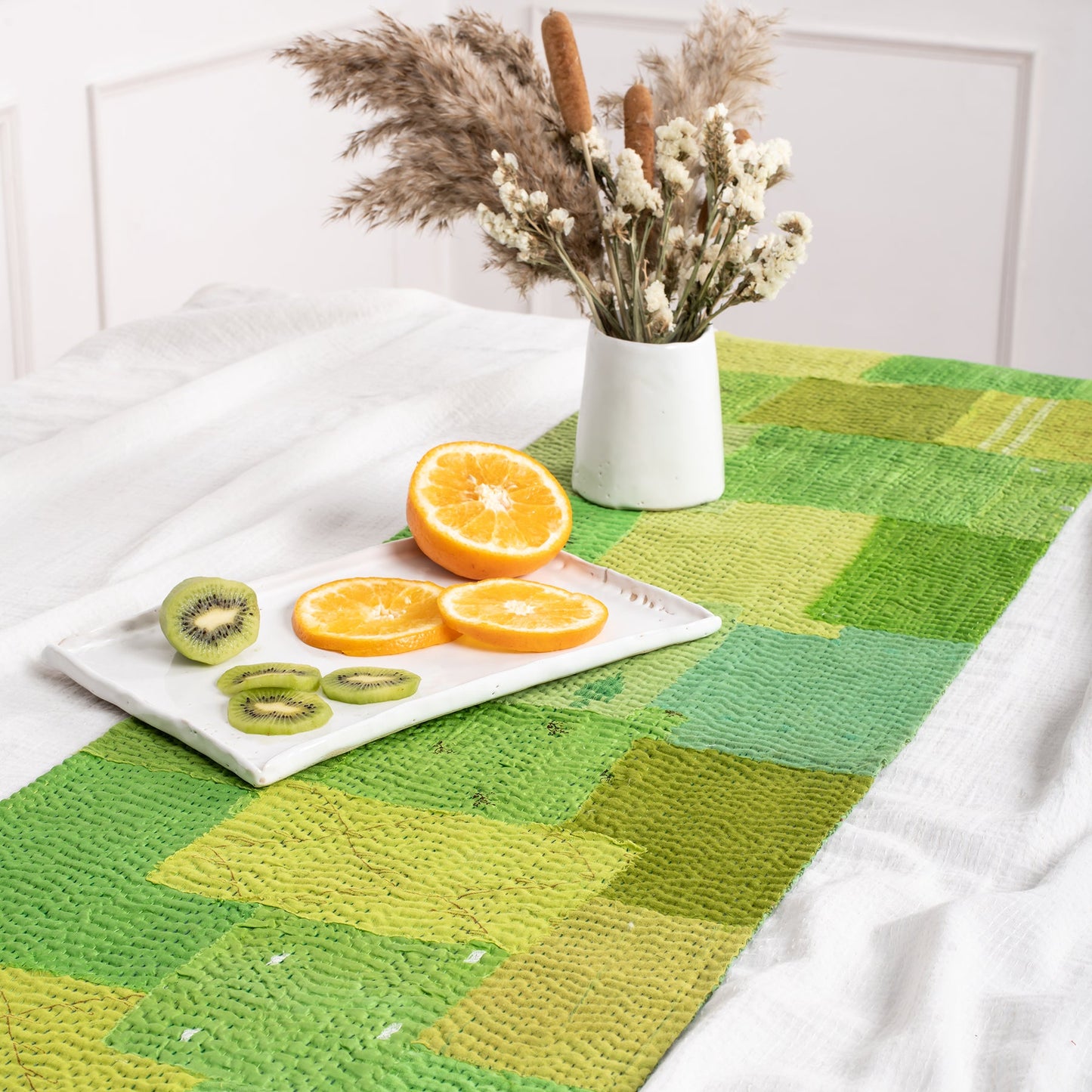 Mosaic Fray Handmade vintage Kantha Runner - Lime Green