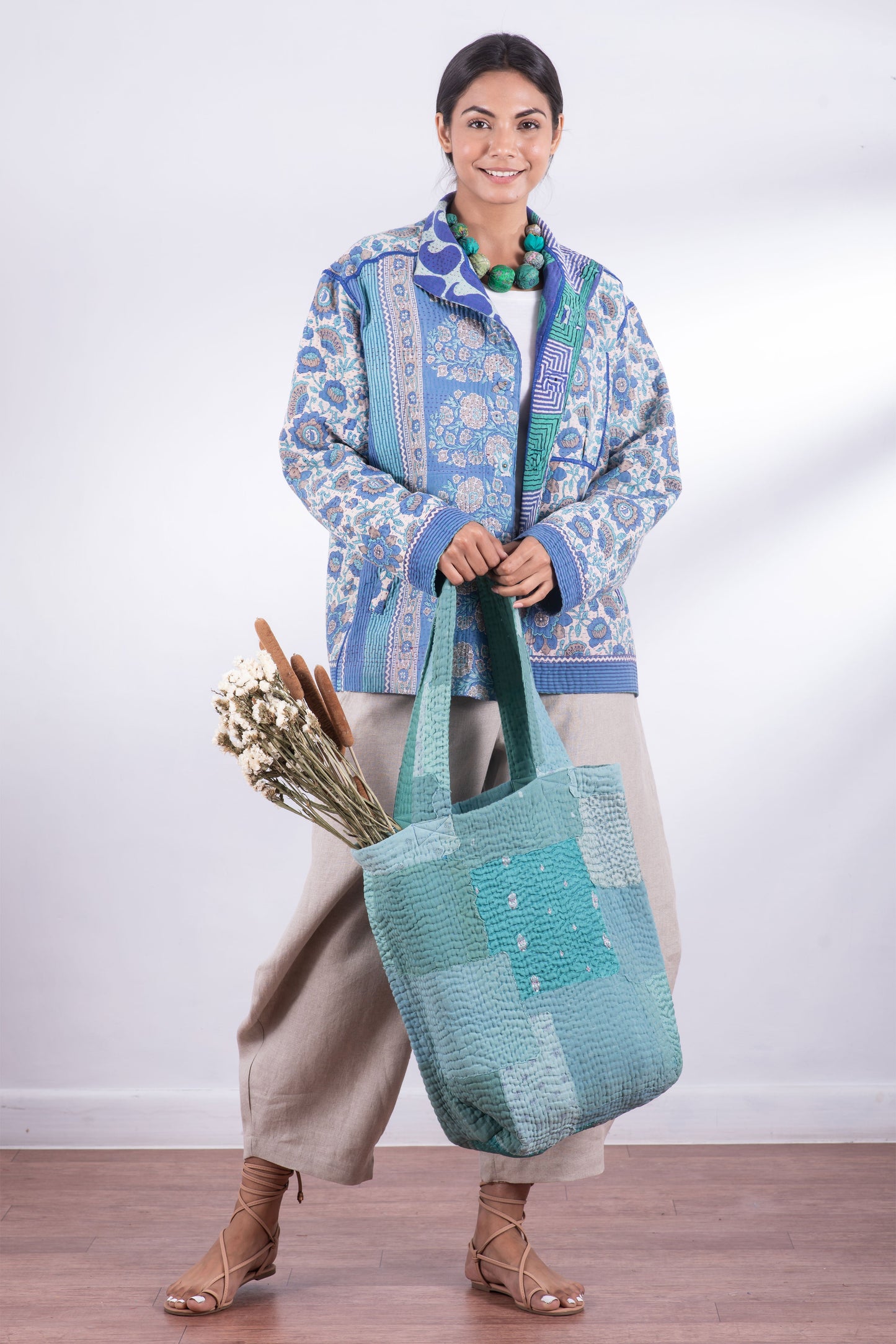 Mosaic Fray Handmade vintage Kantha Tote Bag- Cornflower
