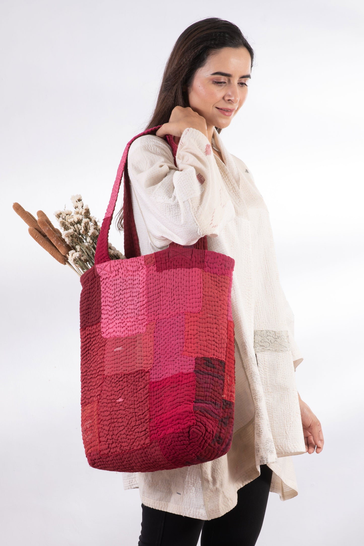 Landscape Handmade vintage Kantha Tote Bag - Red