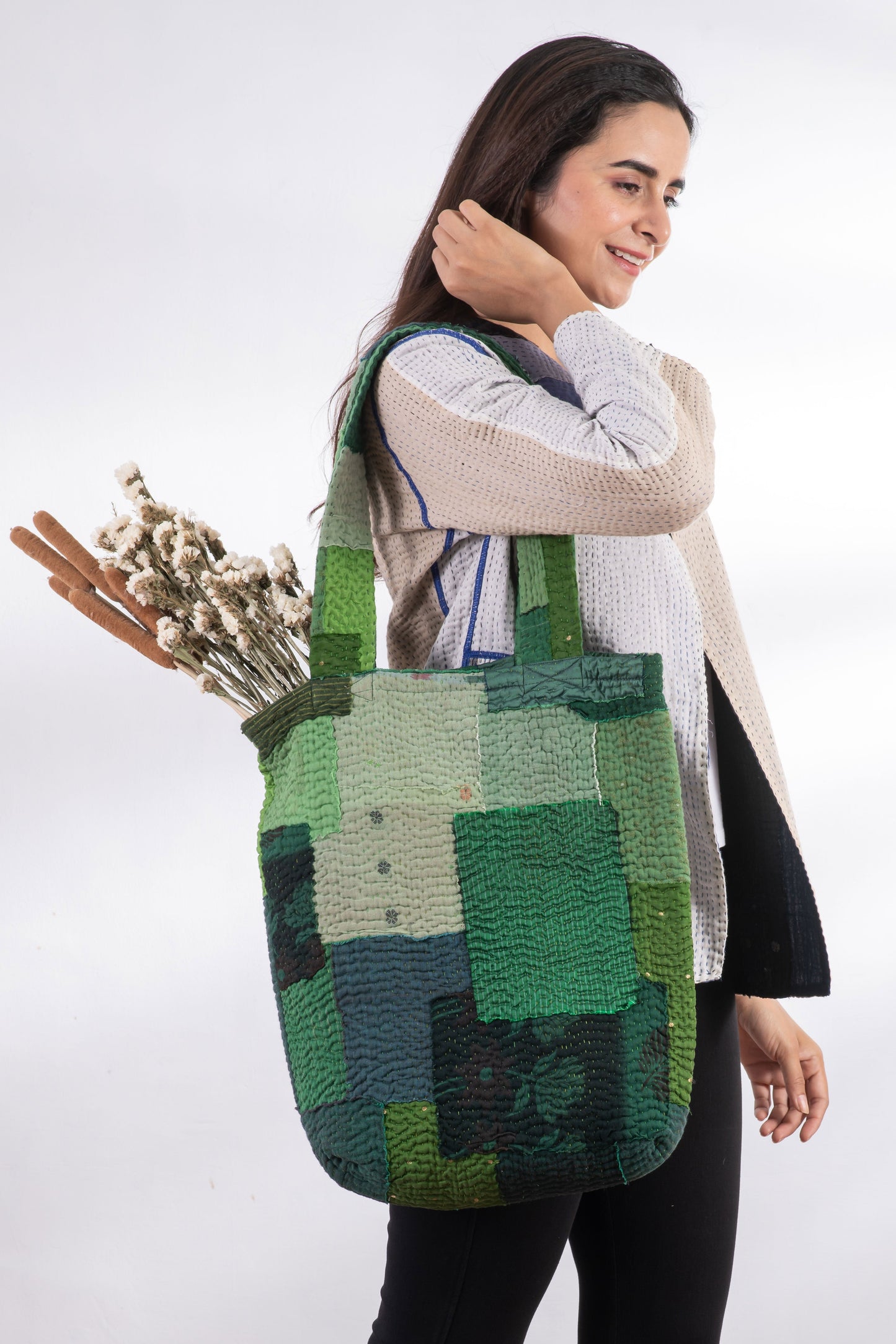 Landscape Handmade vintage Kantha Tote Bag - Green