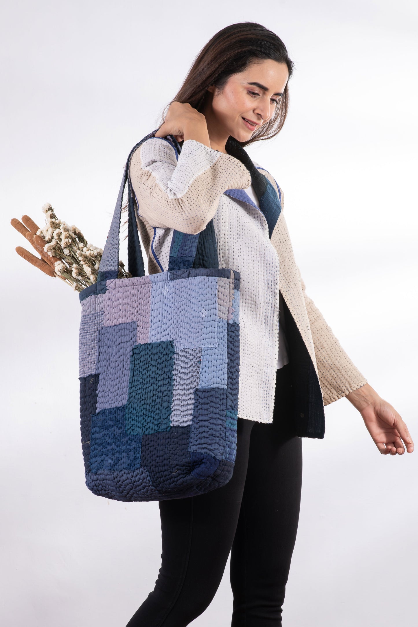 Landscape Handmade vintage Kantha Tote Bag - Navy