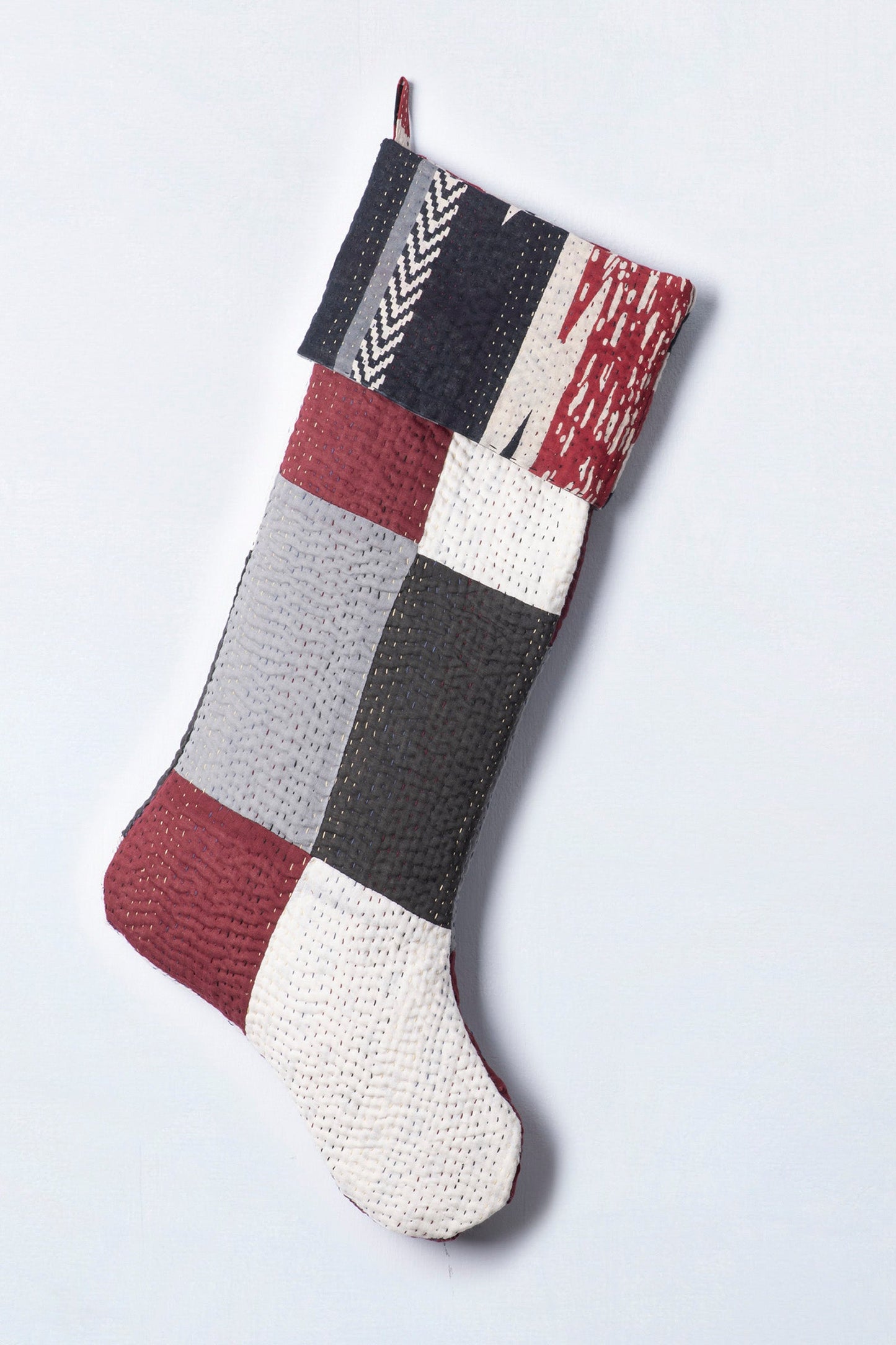 Monotone Ikat Handmade Vintage Kantha Stocking - Red